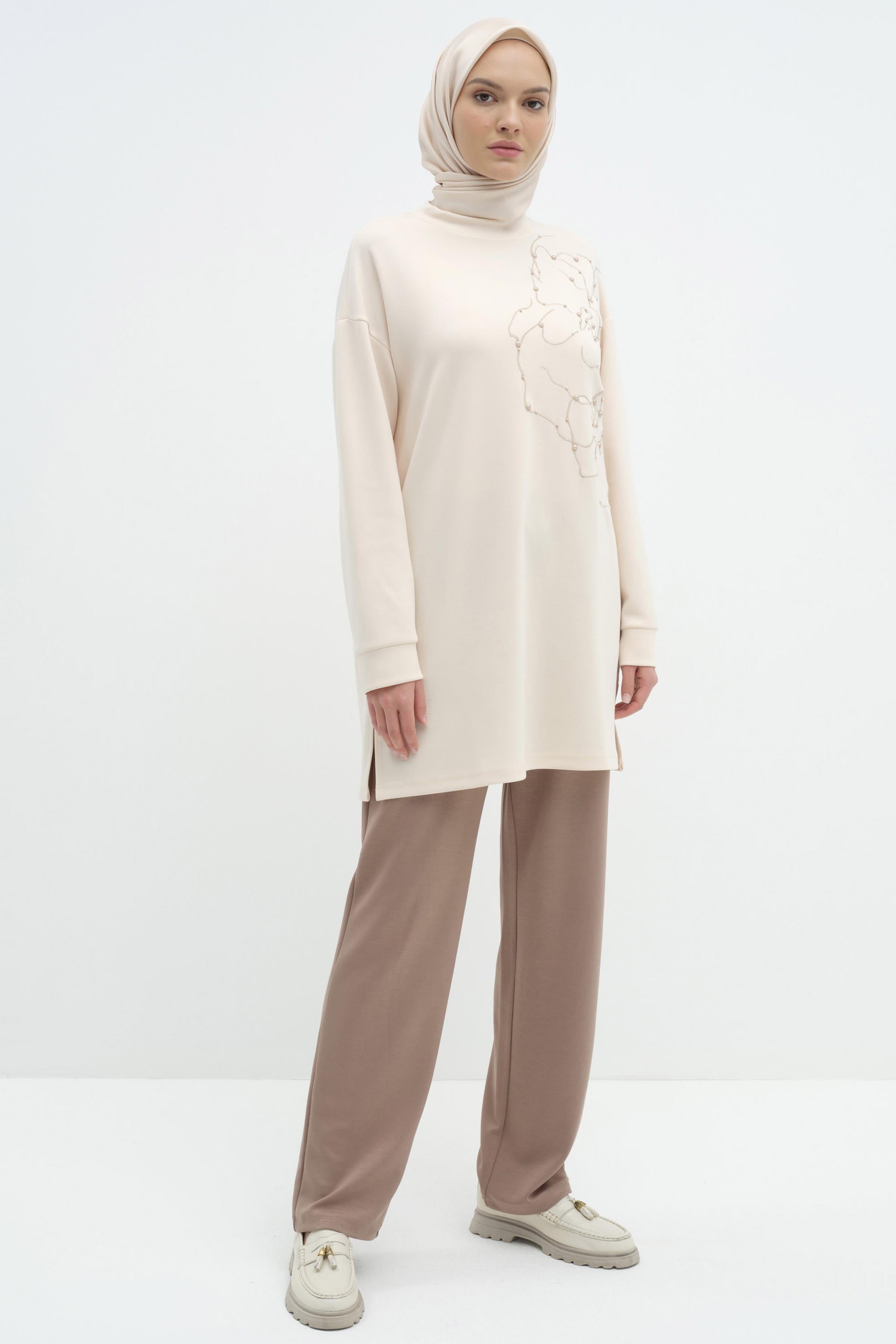 Beli Lastikli Örme Pantolon - Camel TUGBA