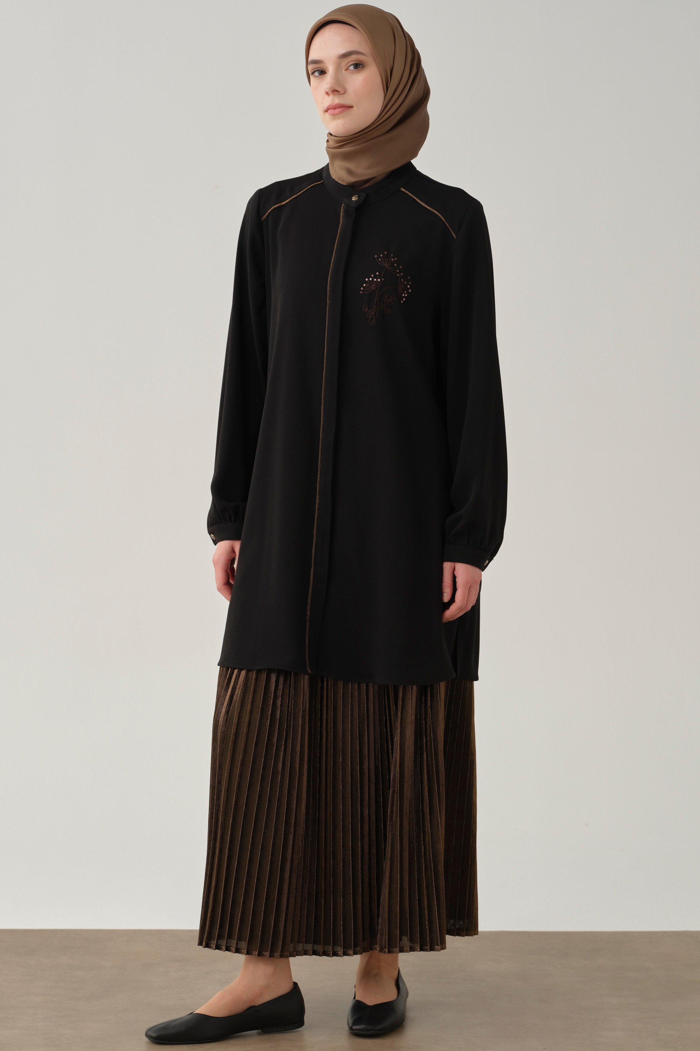 Beli Lastikli Plise Etek - Kahve TUGBA