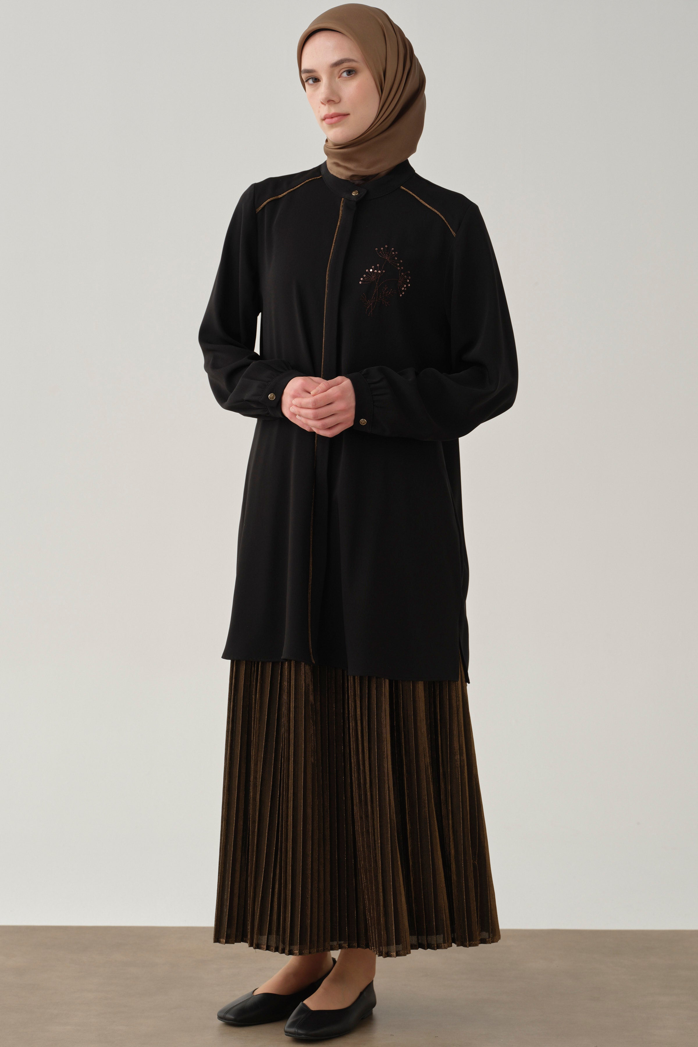 Beli Lastikli Plise Etek - Kahve TUGBA