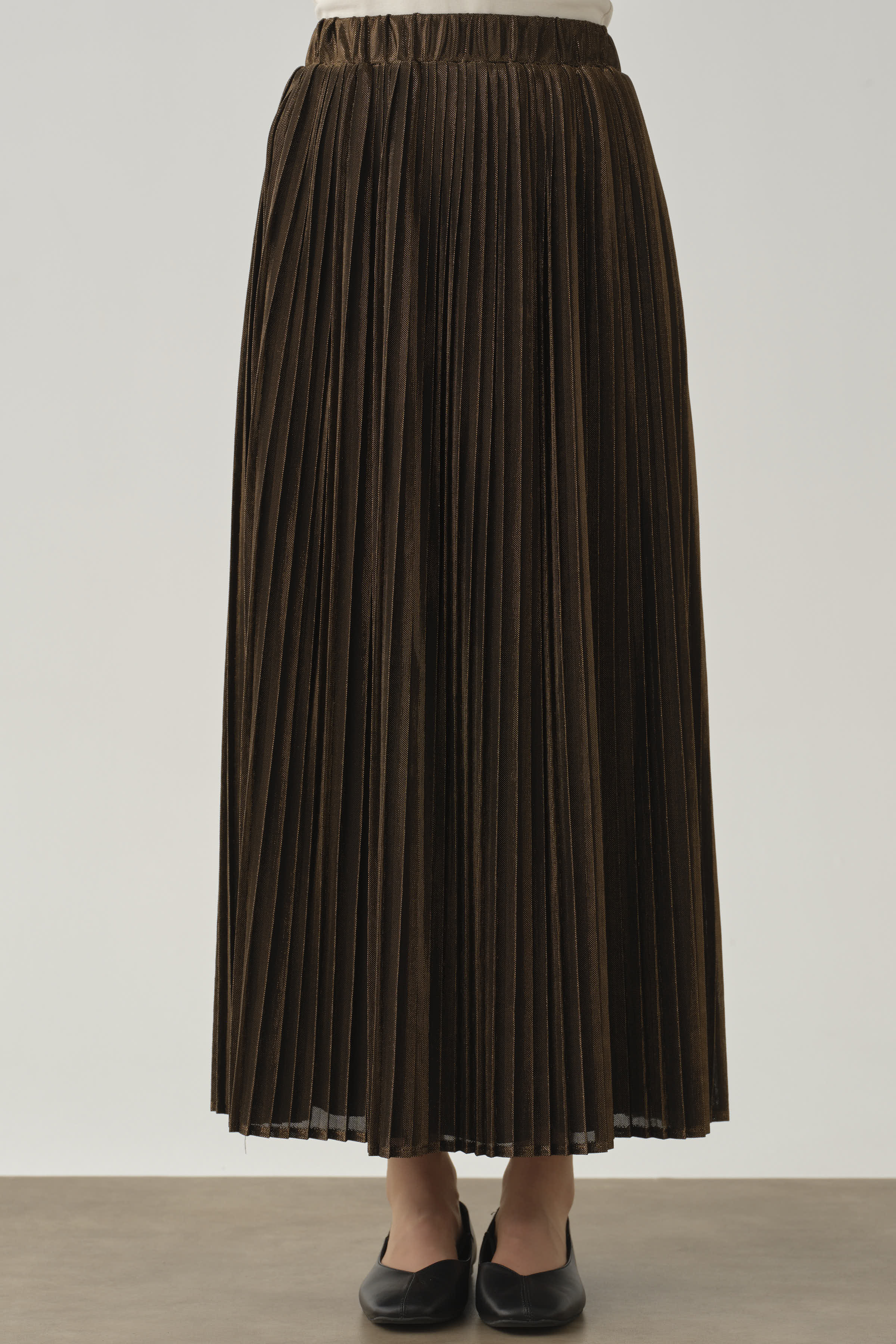 Beli Lastikli Plise Etek - Kahve TUGBA