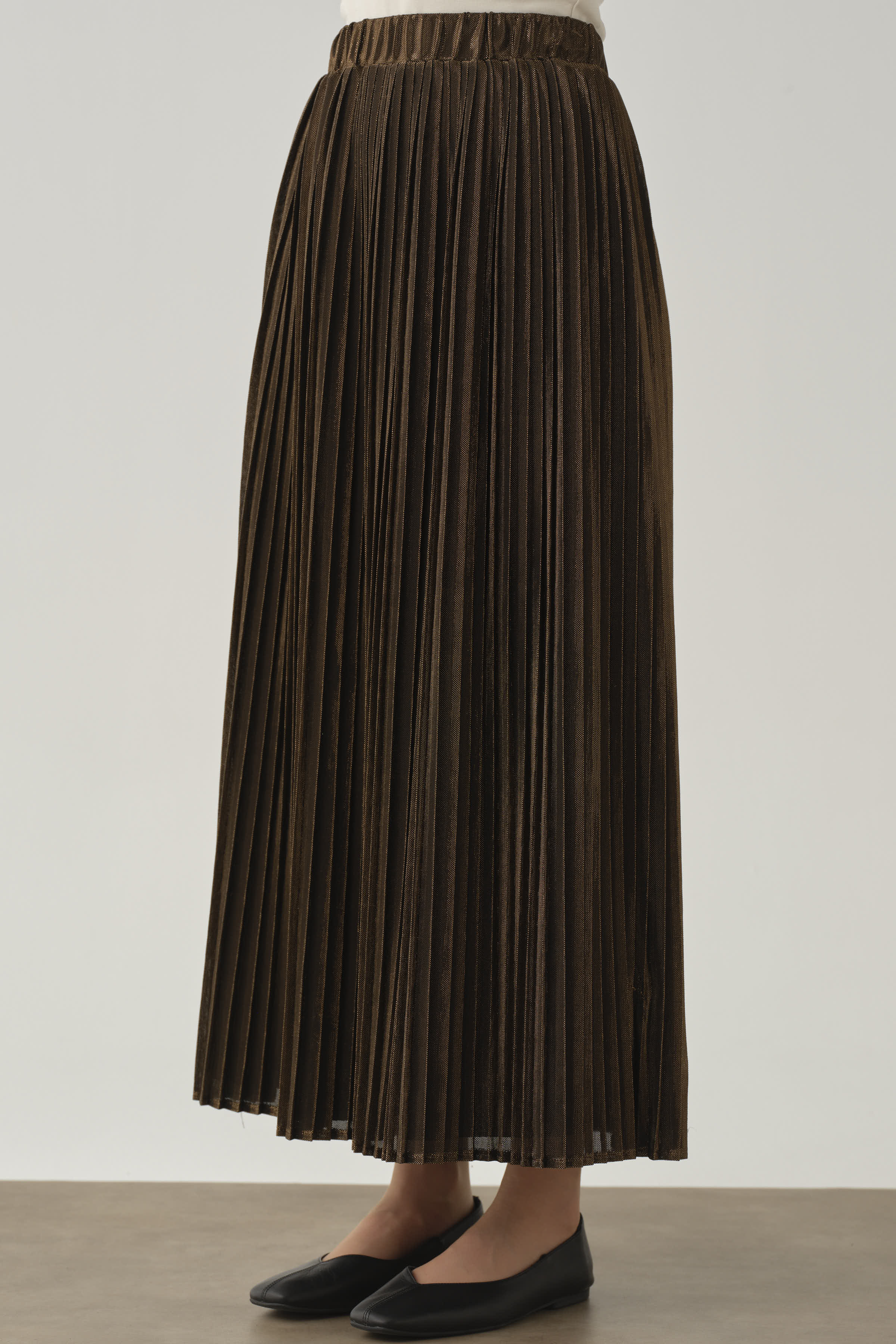 Beli Lastikli Plise Etek - Kahve TUGBA