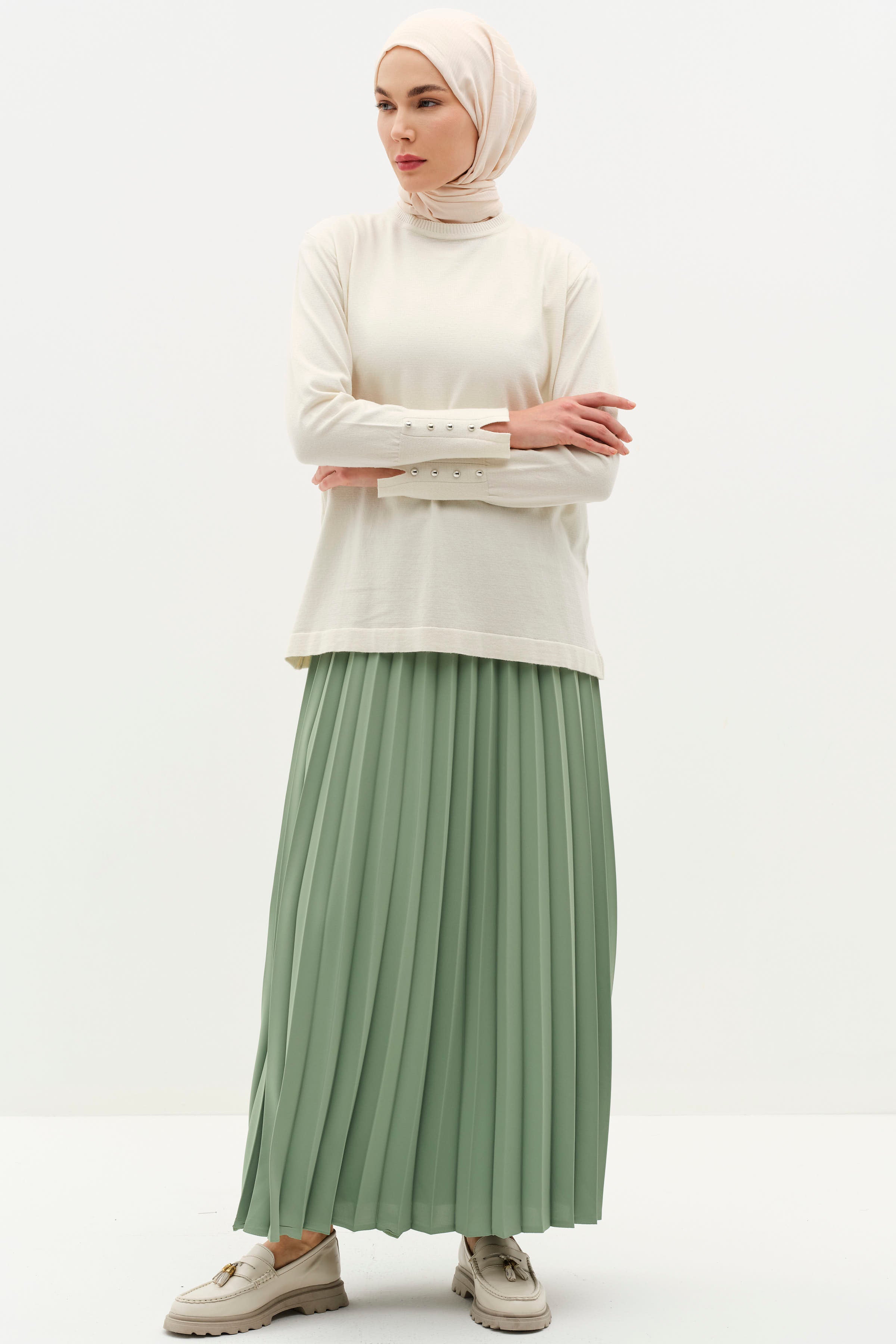 Beli Lastikli Plisoley Etek - Açık Yeşil TUGBA