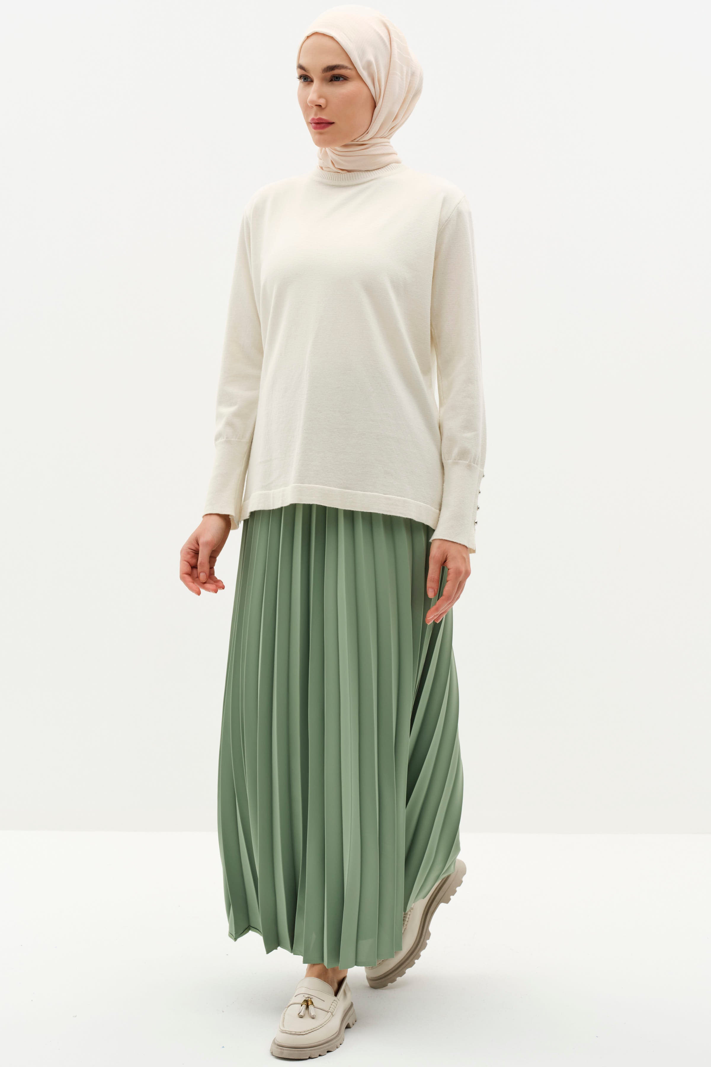 Beli Lastikli Plisoley Etek - Açık Yeşil TUGBA