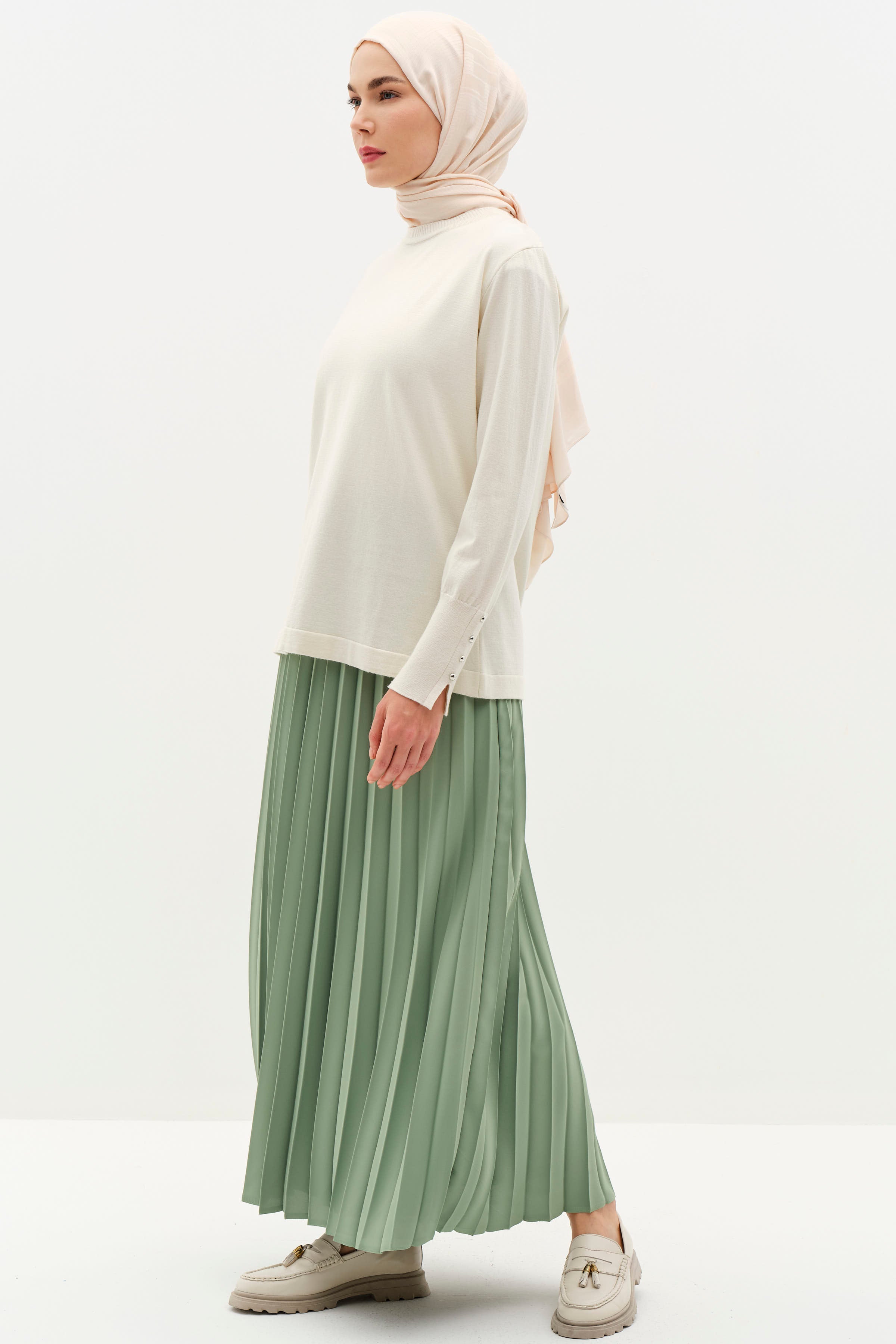 Beli Lastikli Plisoley Etek - Açık Yeşil TUGBA
