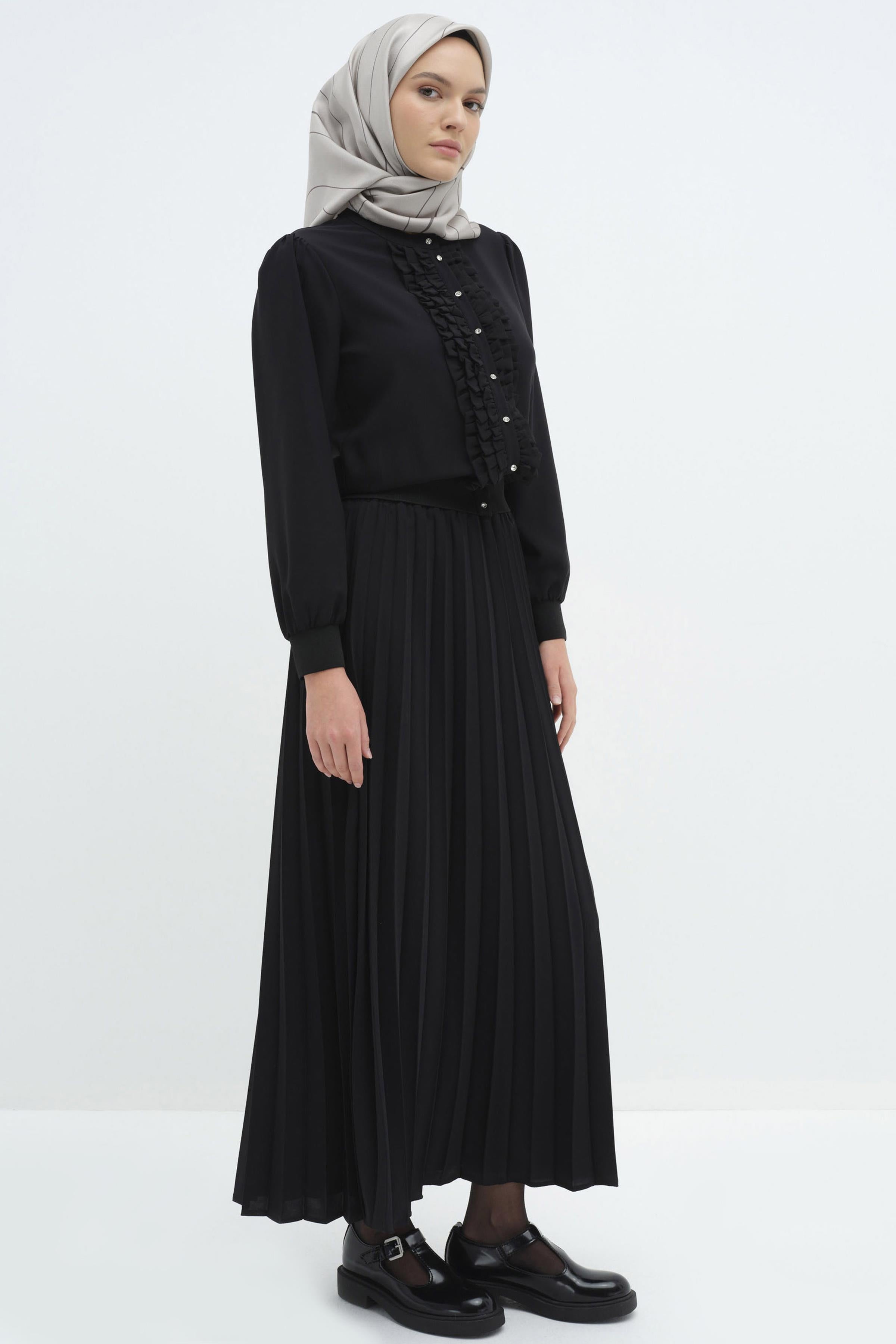 Beli Lastikli Plisoley Etek - Siyah TUGBA