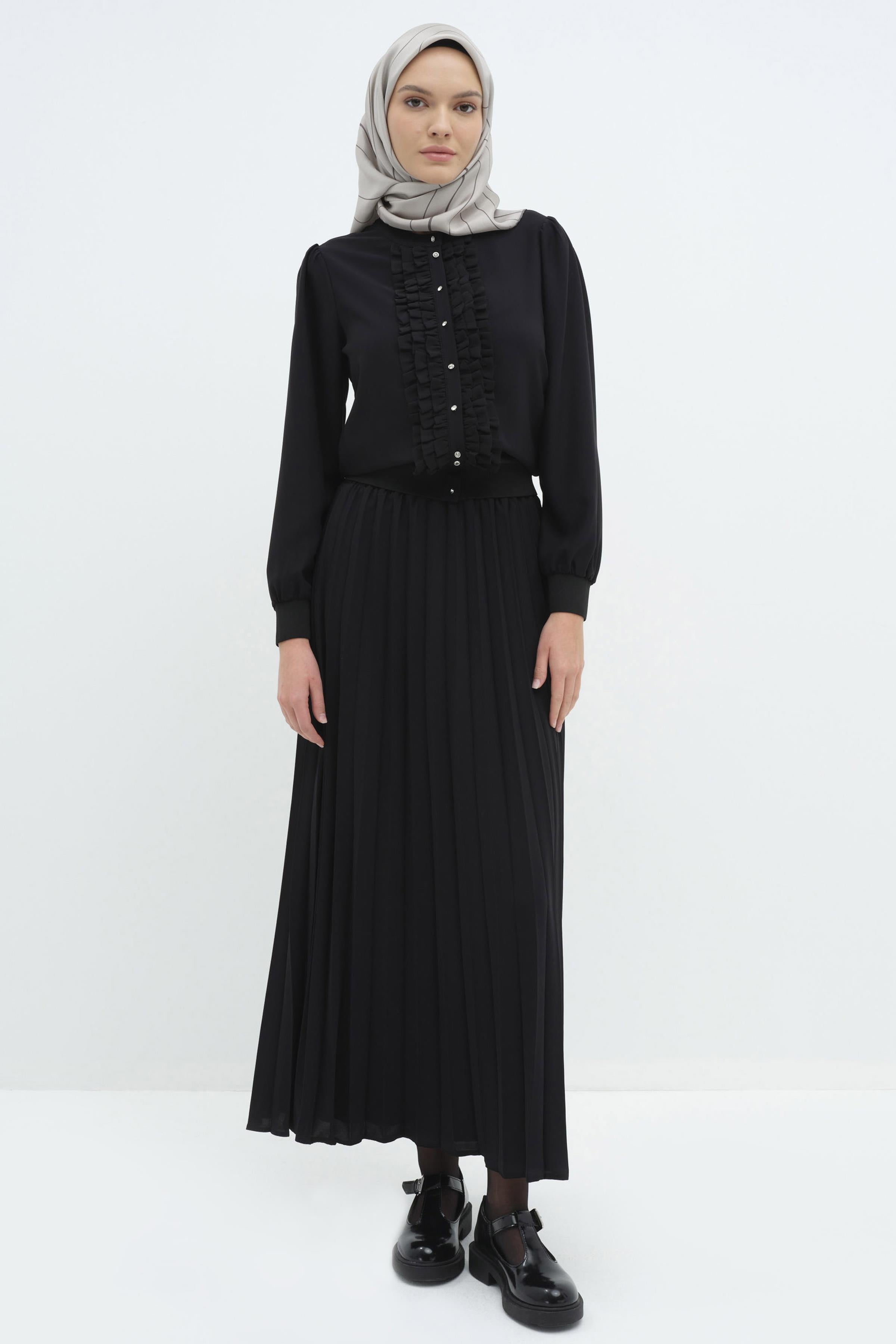 Beli Lastikli Plisoley Etek - Siyah TUGBA