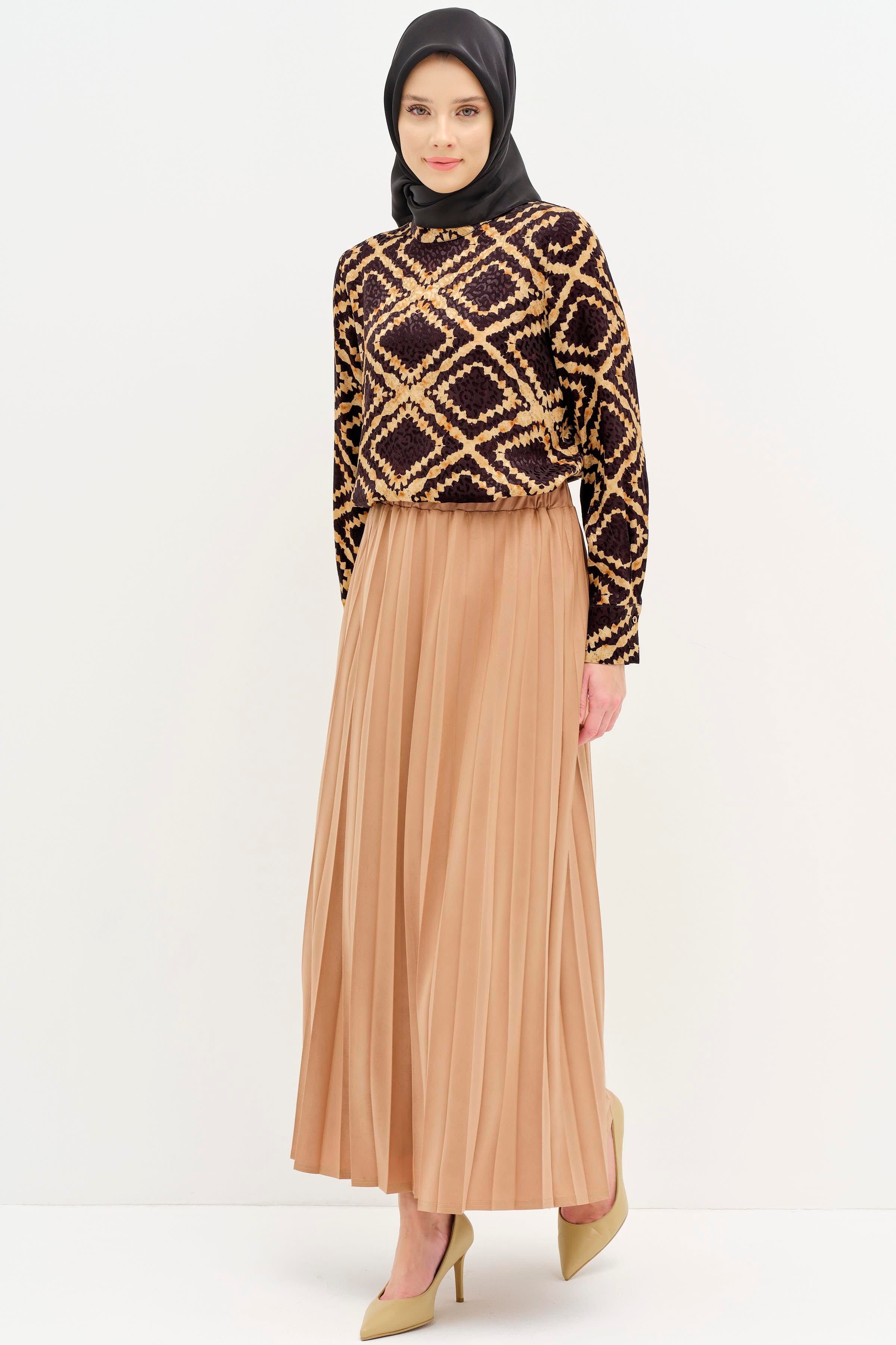 Beli Lastikli Suni Deri Plisoley Etek - Camel TUGBA