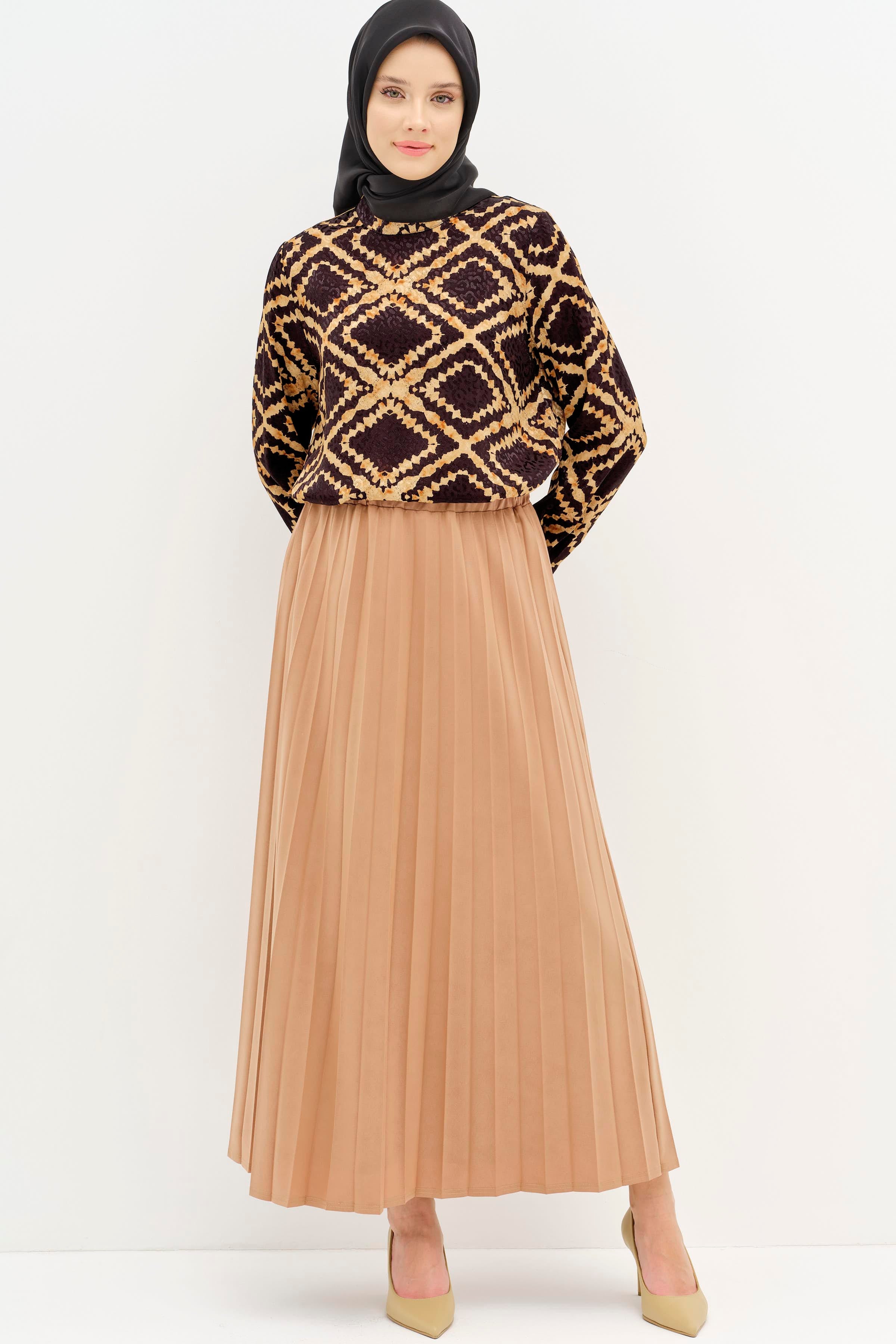 Beli Lastikli Suni Deri Plisoley Etek - Camel TUGBA