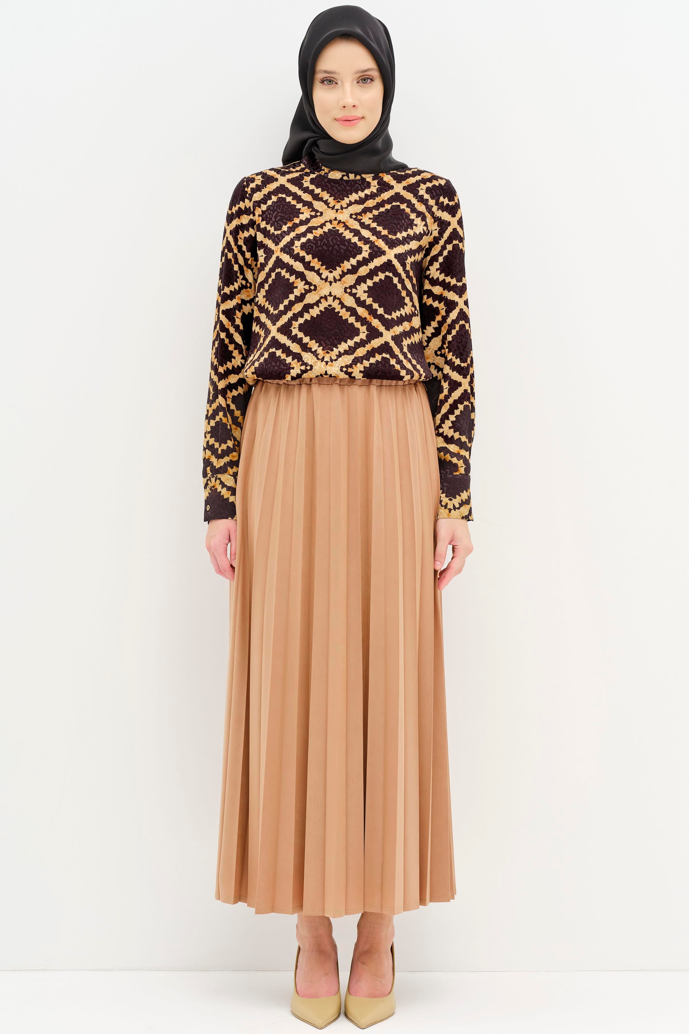 Beli Lastikli Suni Deri Plisoley Etek - Camel TUGBA