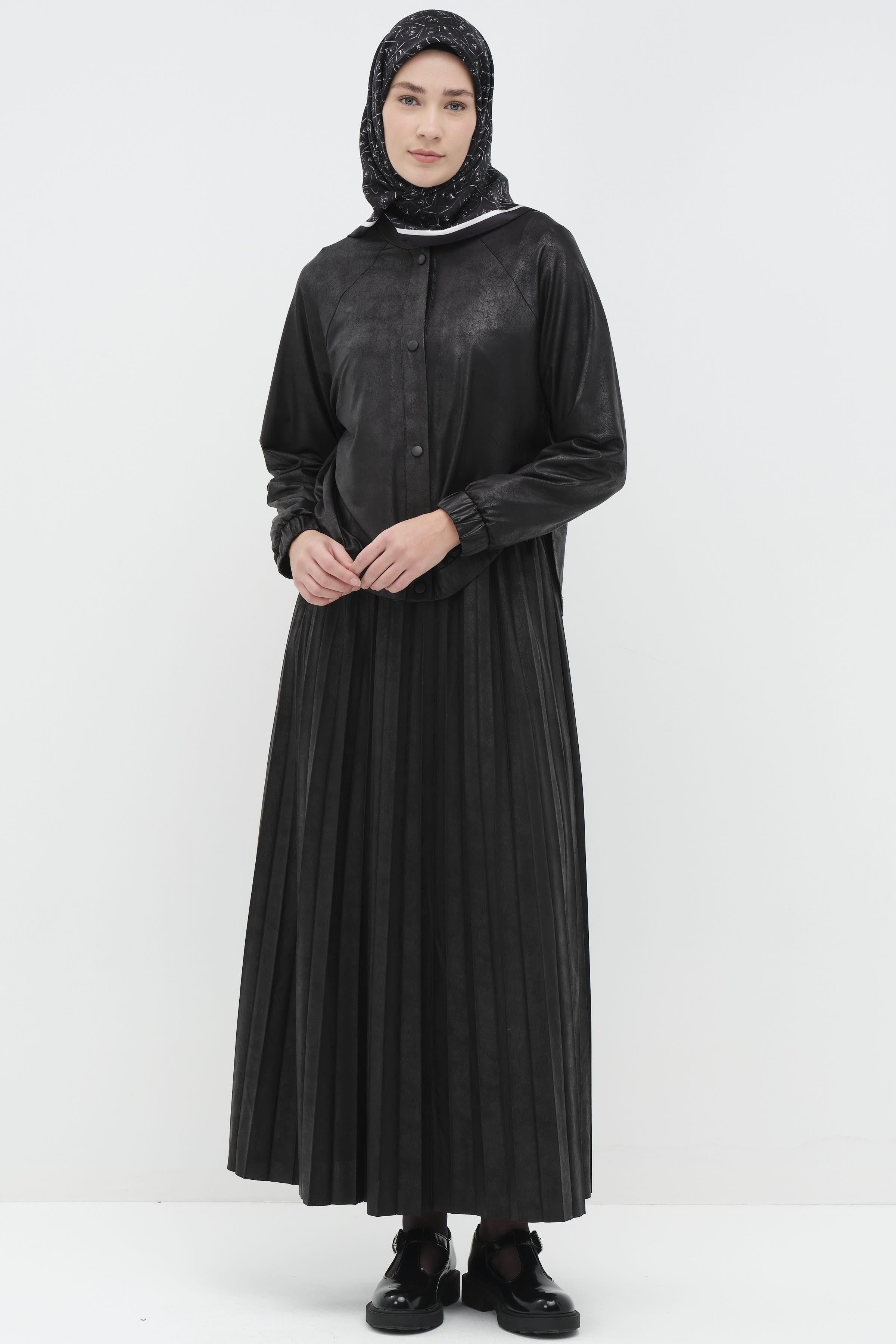 Beli Lastikli Suni Deri Plisoley Etek - Siyah TUGBA