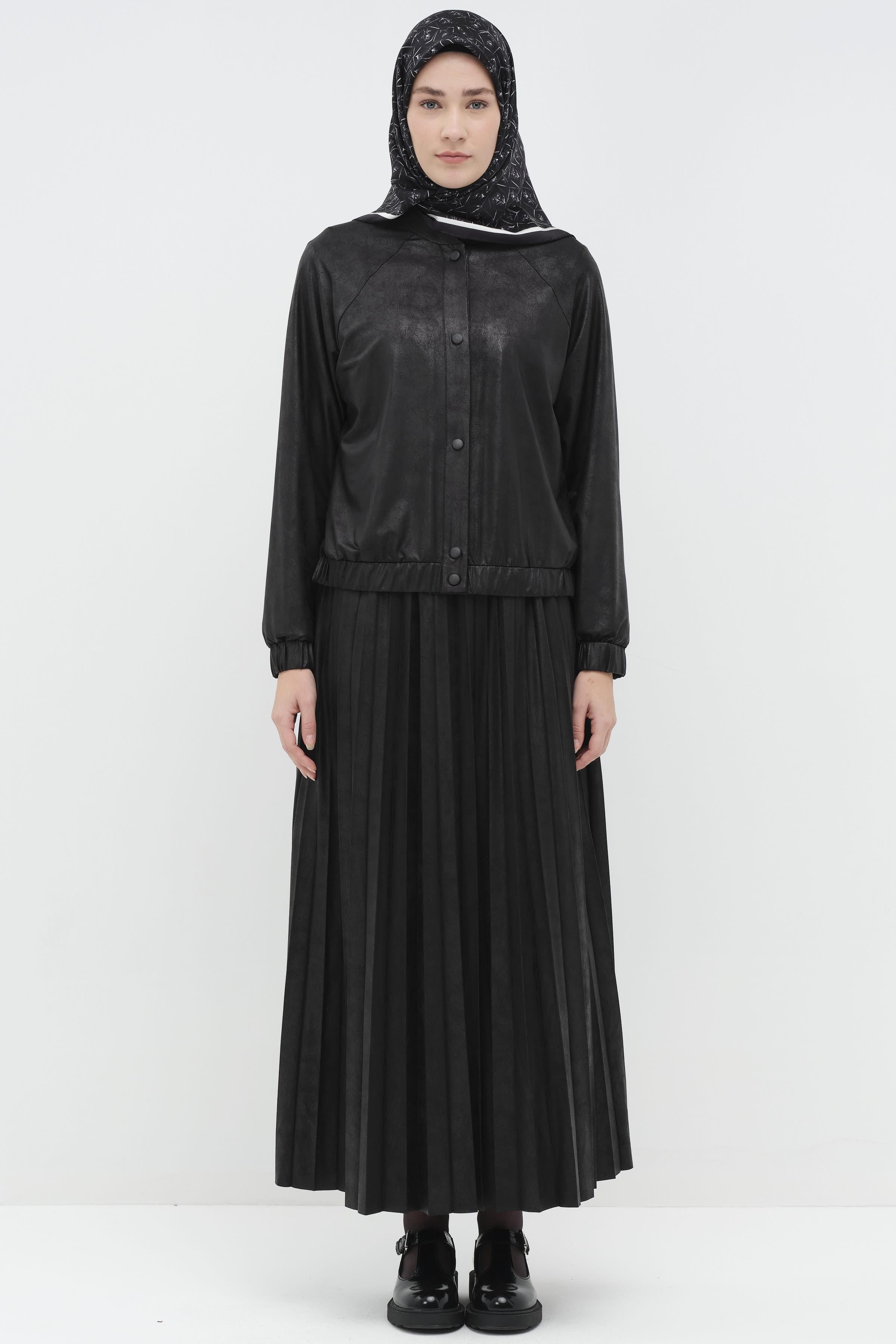 Beli Lastikli Suni Deri Plisoley Etek - Siyah TUGBA