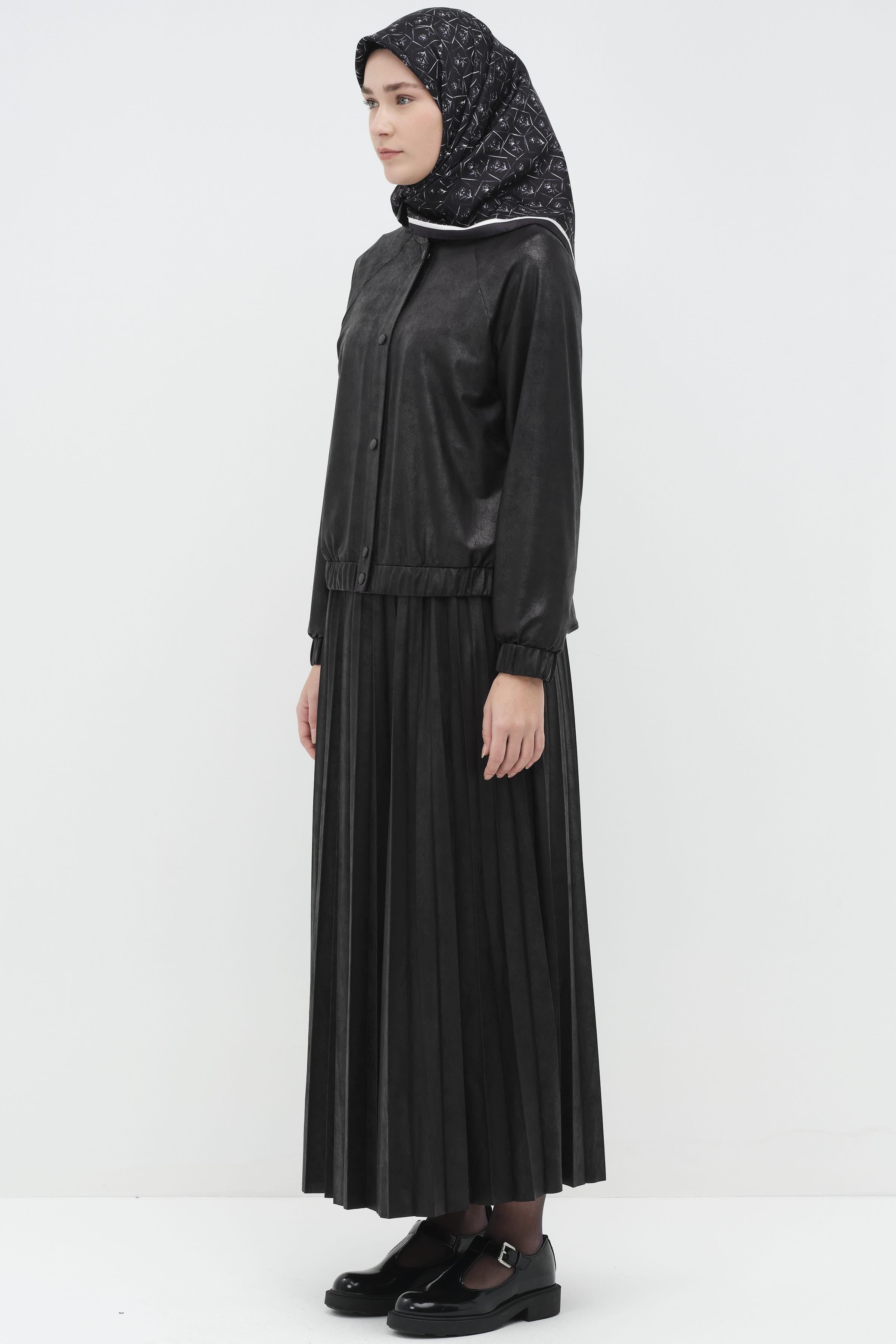 Beli Lastikli Suni Deri Plisoley Etek - Siyah TUGBA