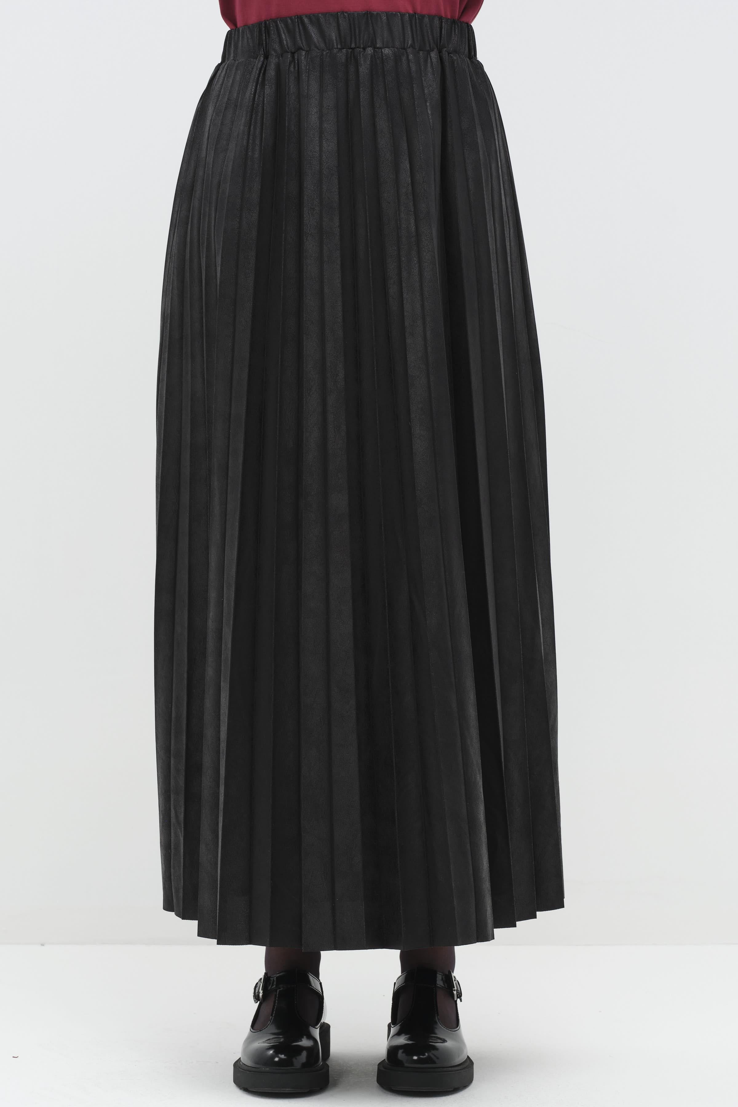 Beli Lastikli Suni Deri Plisoley Etek - Siyah TUGBA