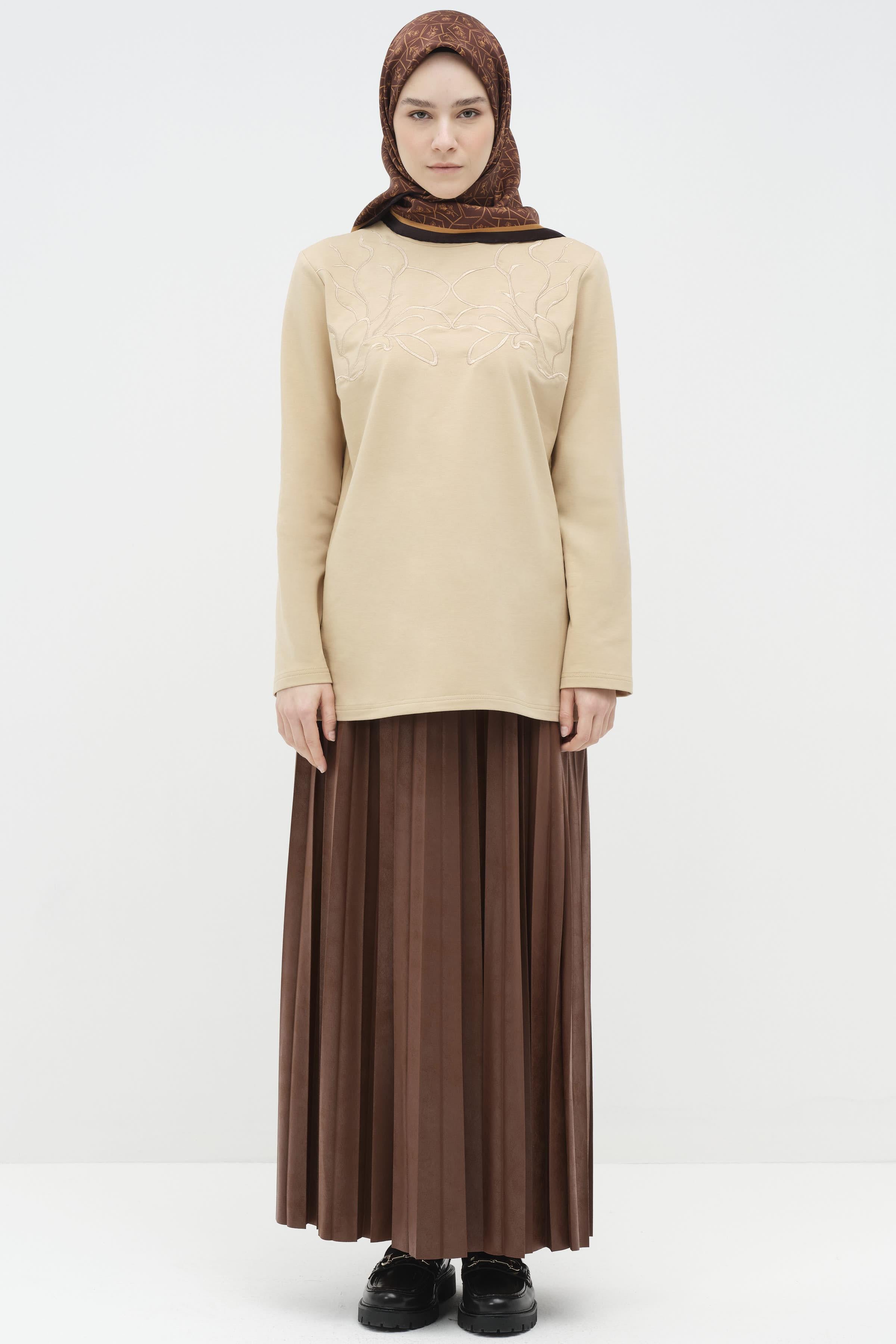 Beli Lastikli Suni Deri Plisoley Etek - Tarçın TUGBA