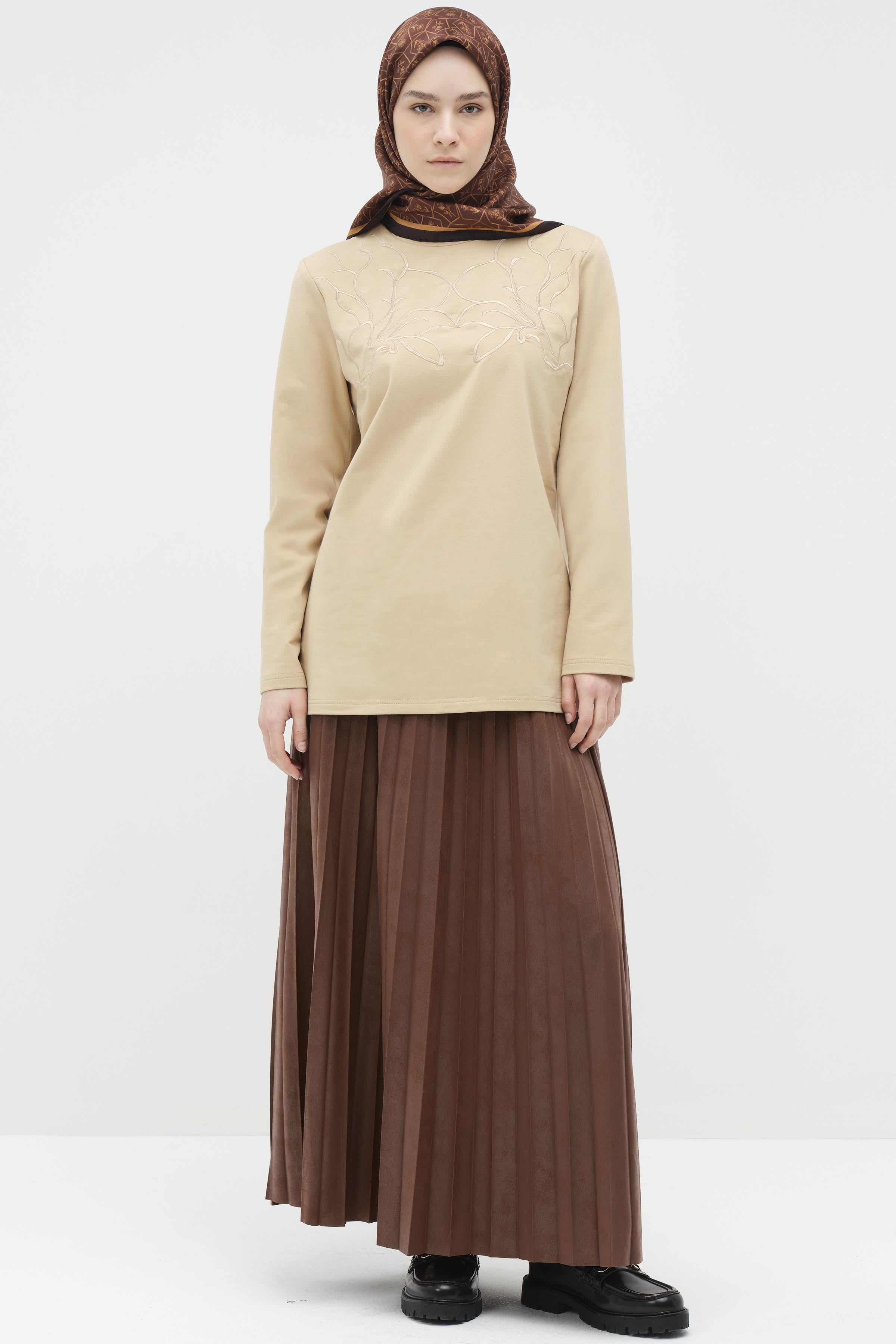 Beli Lastikli Suni Deri Plisoley Etek - Tarçın TUGBA