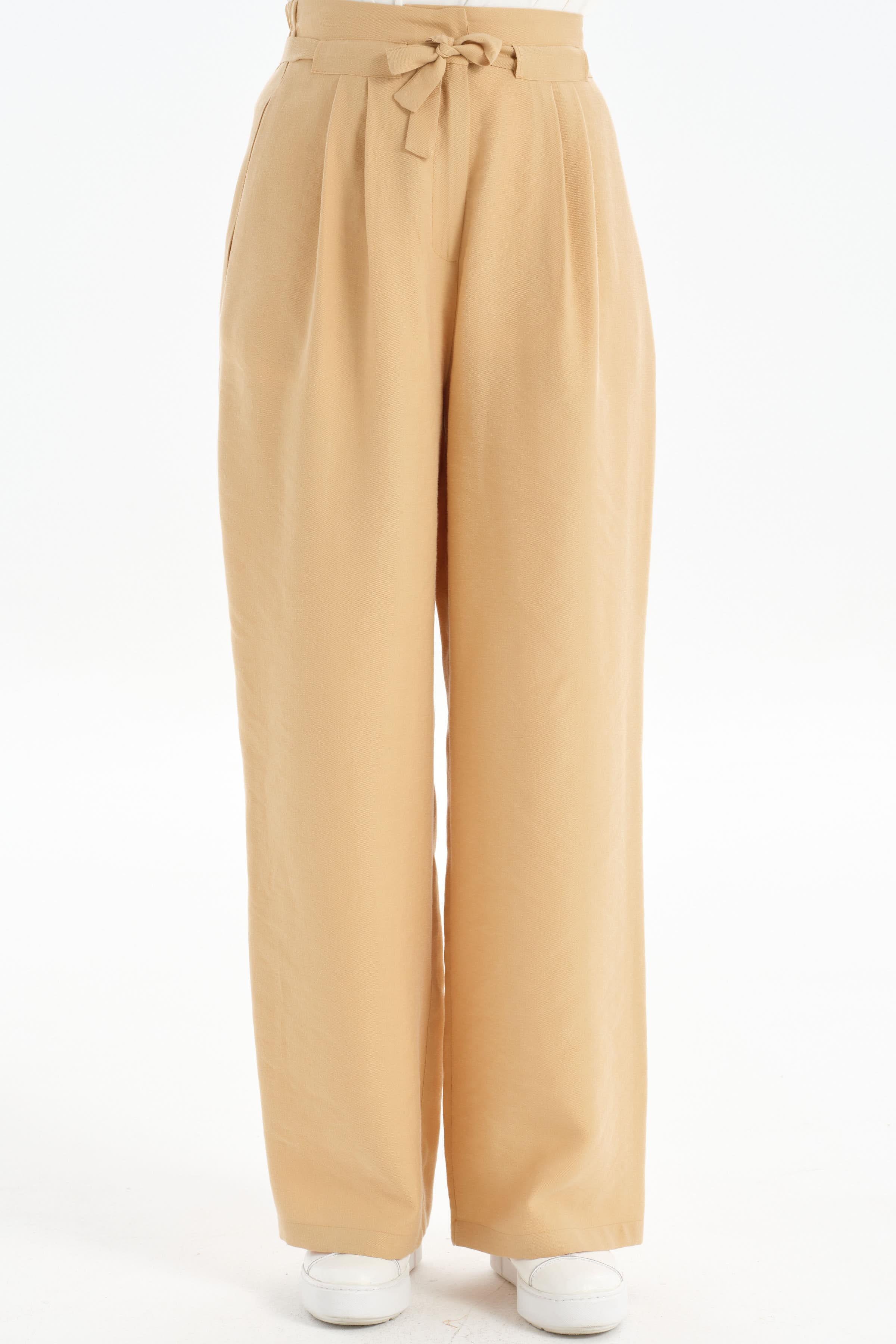 Beli Pile Detaylı Bol Paça Pantolon - Bej TUGBA