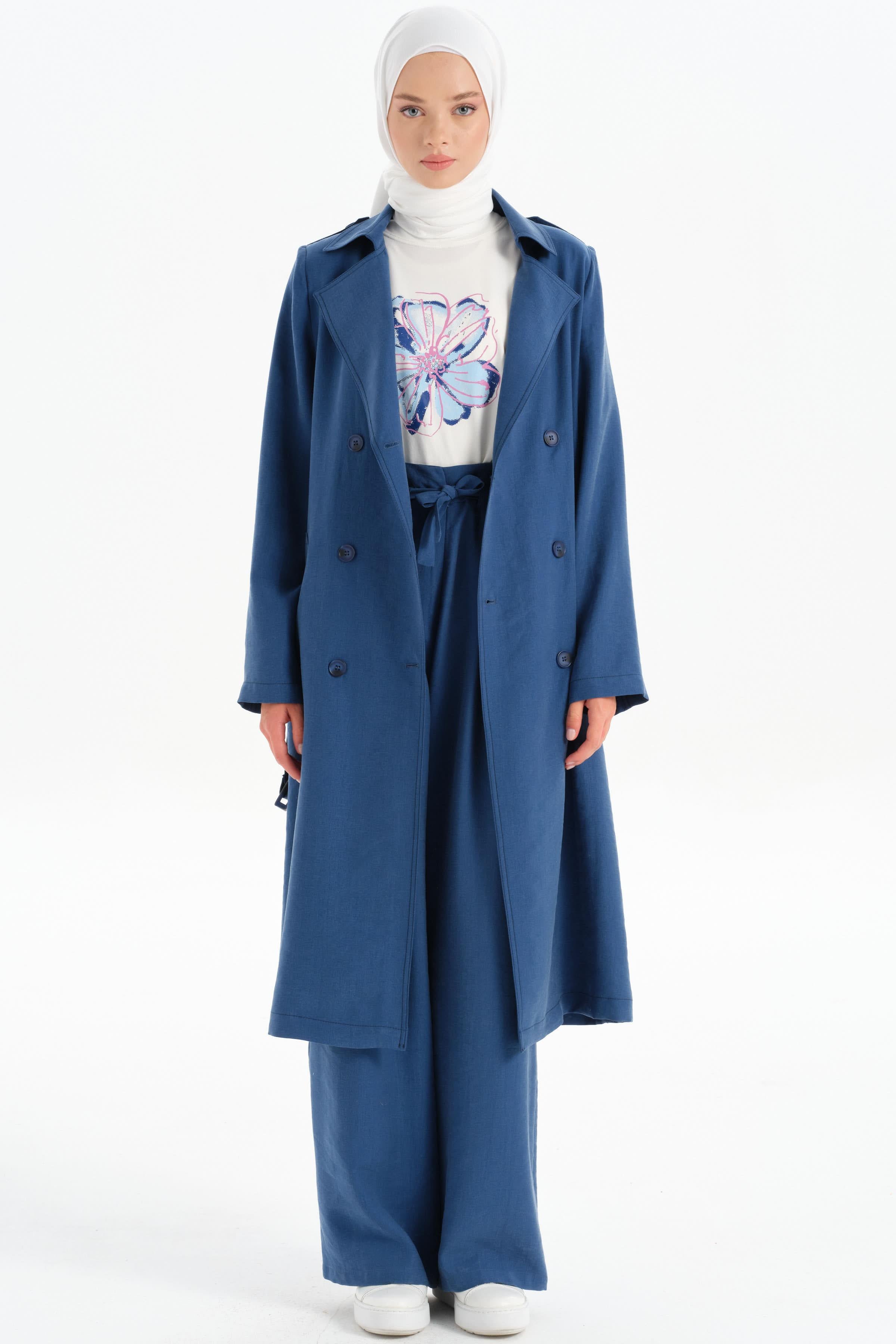 Beli Pile Detaylı Bol Paça Pantolon - İndigo TUGBA