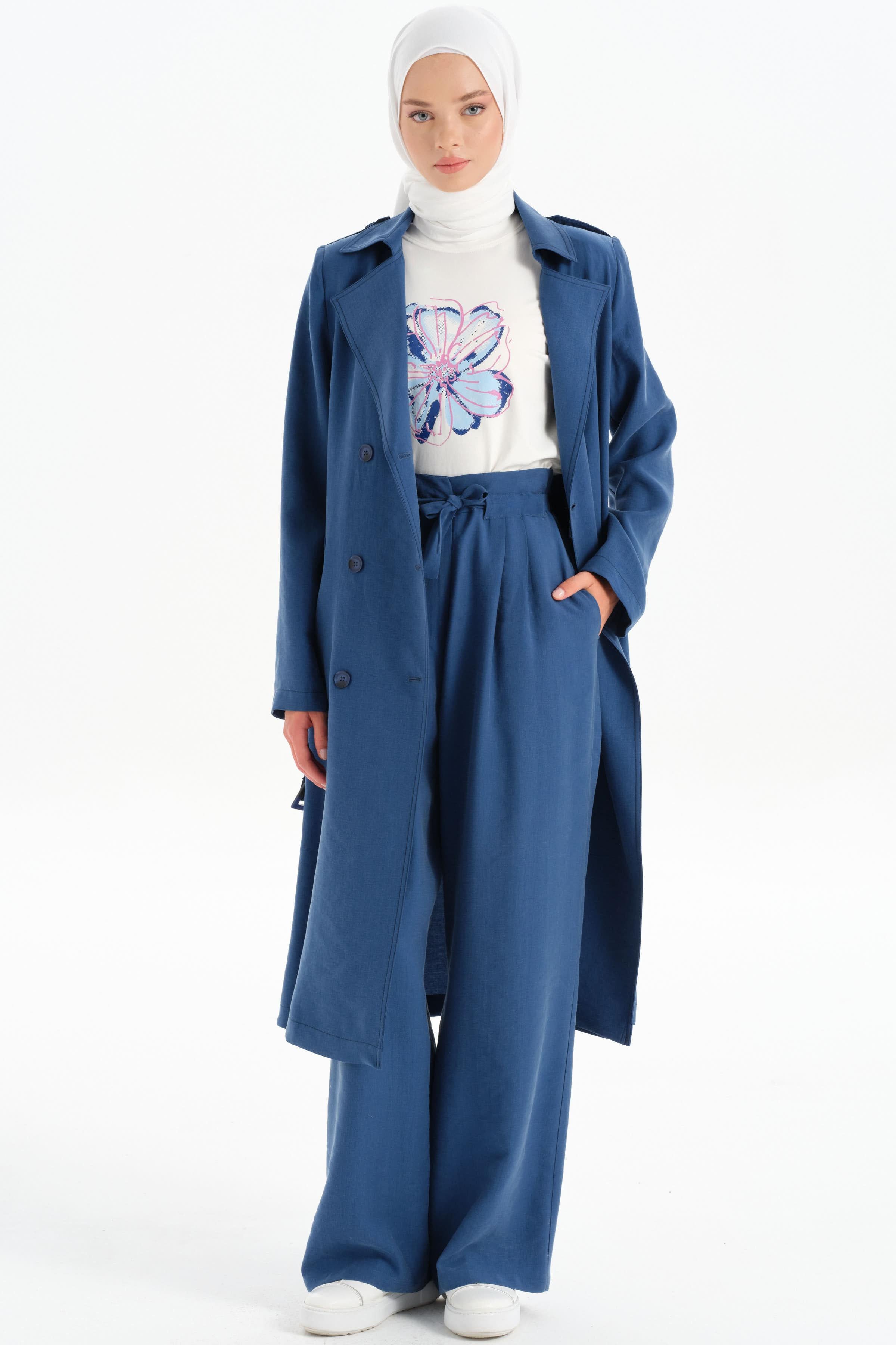 Beli Pile Detaylı Bol Paça Pantolon - İndigo TUGBA