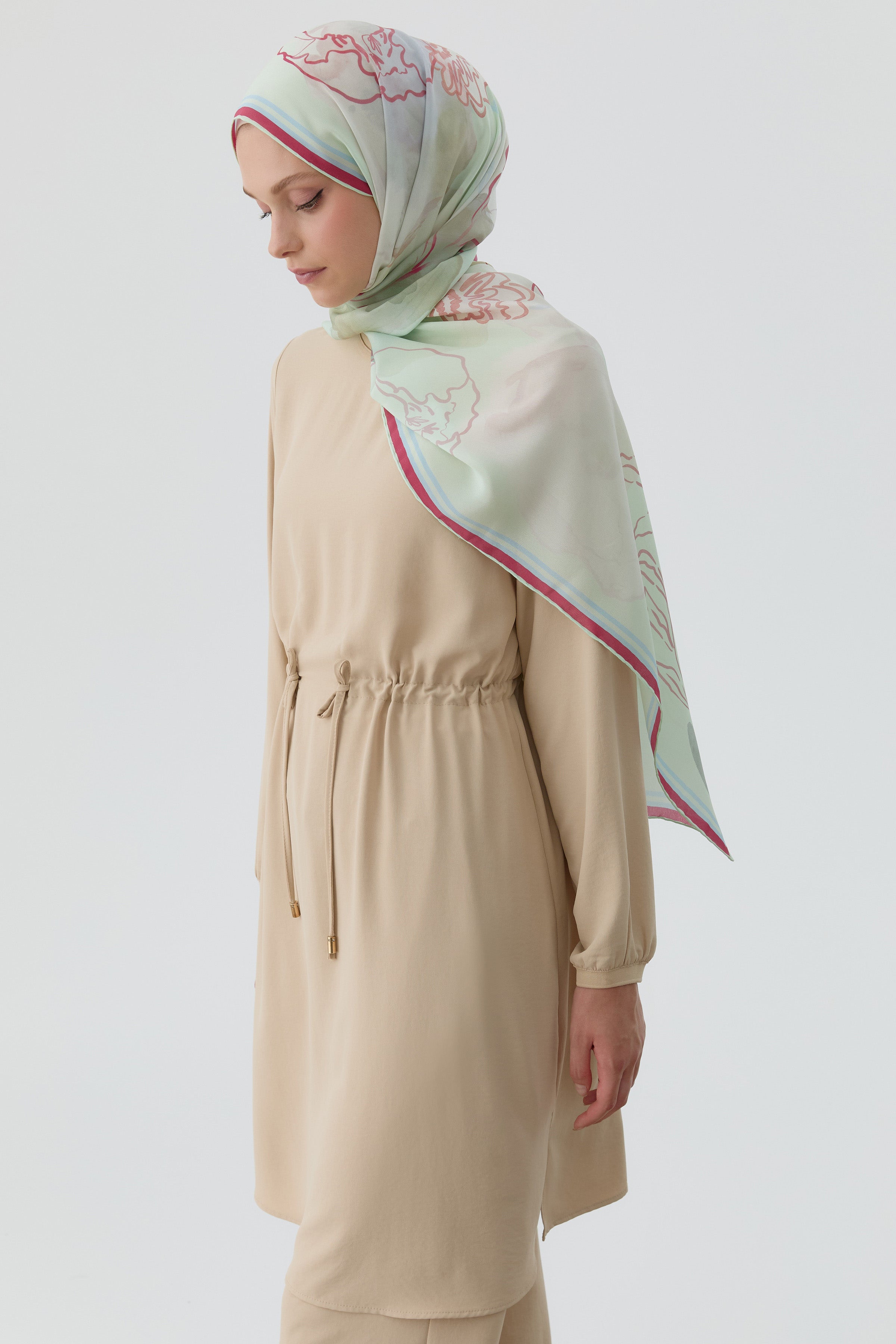 Beli Bağcık Detaylı Ribanalı Tunik - Bej TUGBA