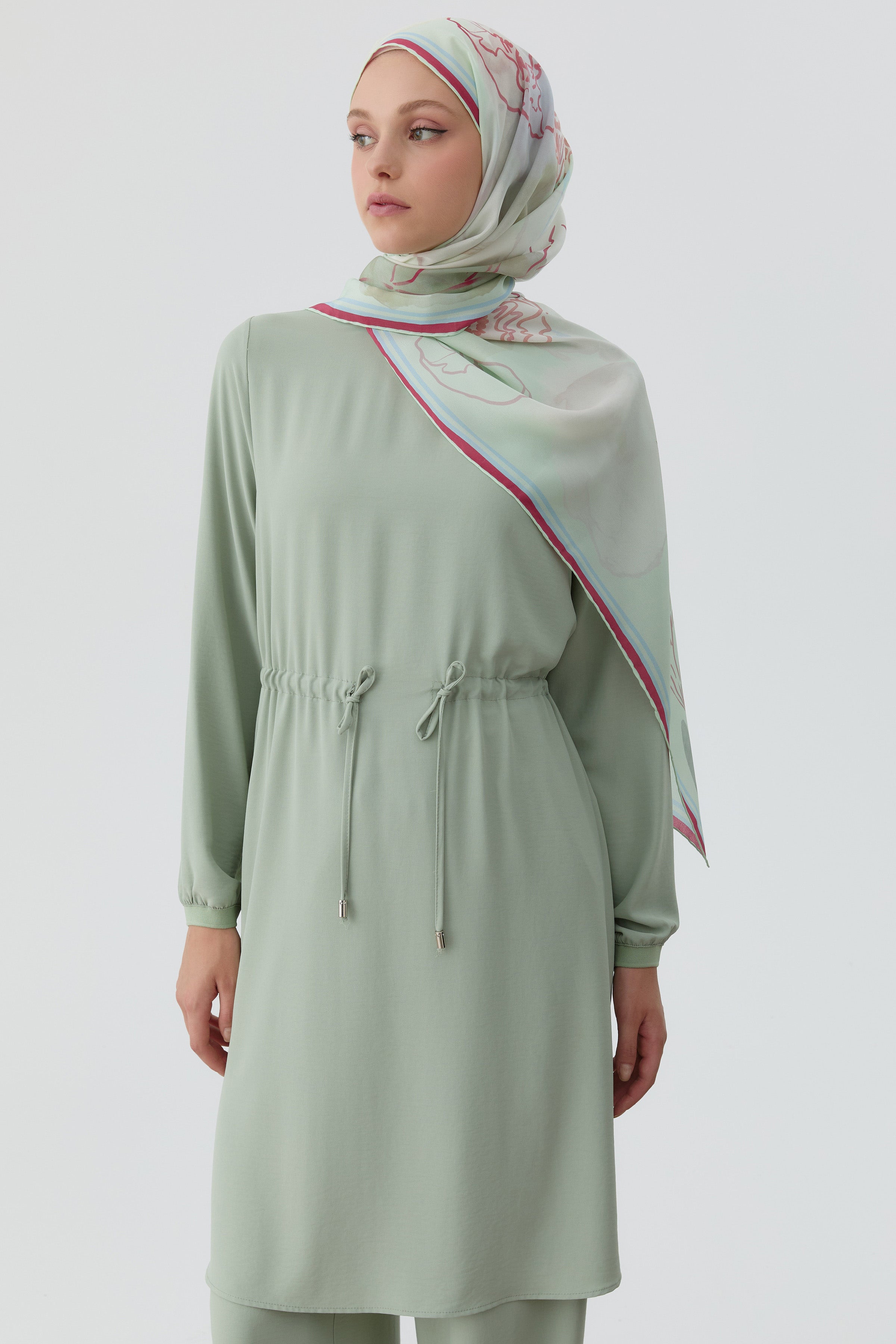 Beli Bağcık Detaylı Ribanalı Tunik - Mint TUGBA