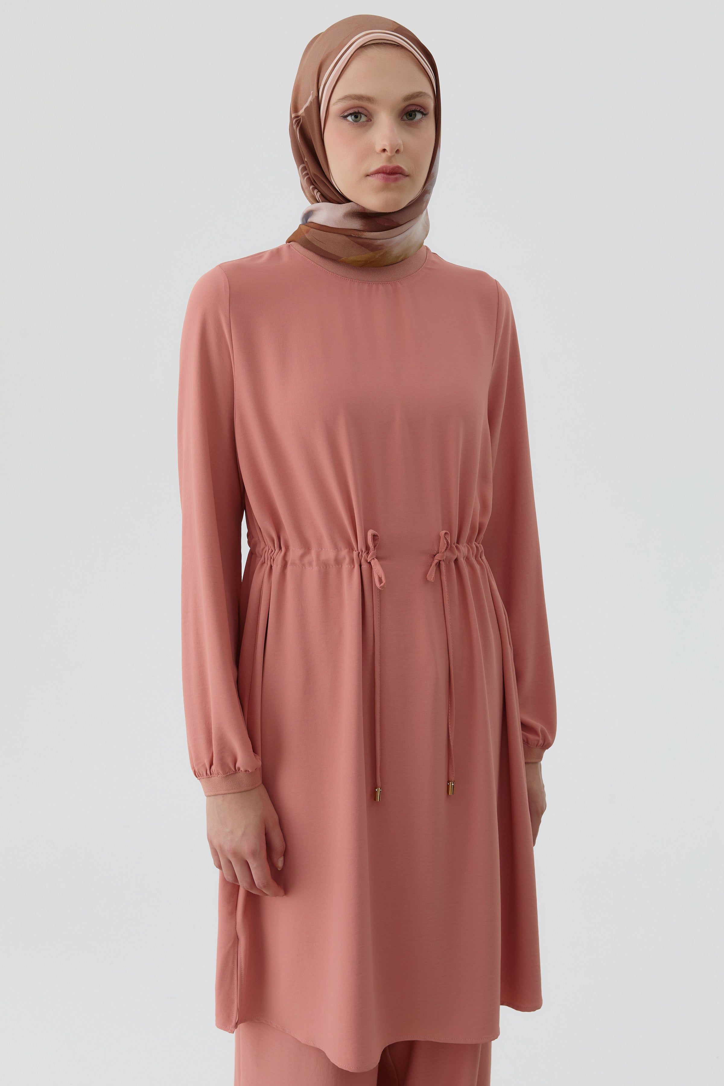 Beli Bağcık Detaylı Ribanalı Tunik - Somon TUGBA