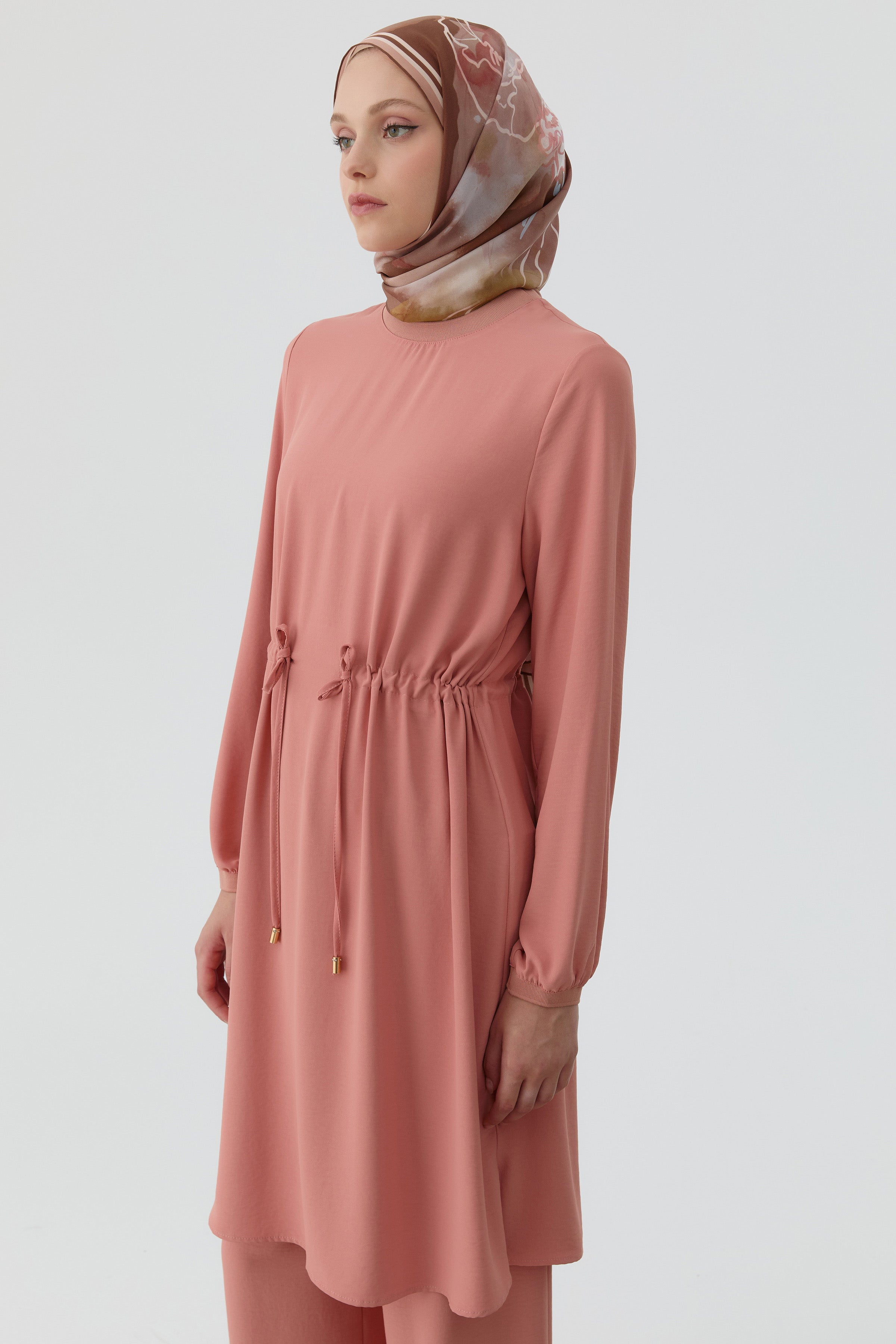 Beli Bağcık Detaylı Ribanalı Tunik - Somon TUGBA