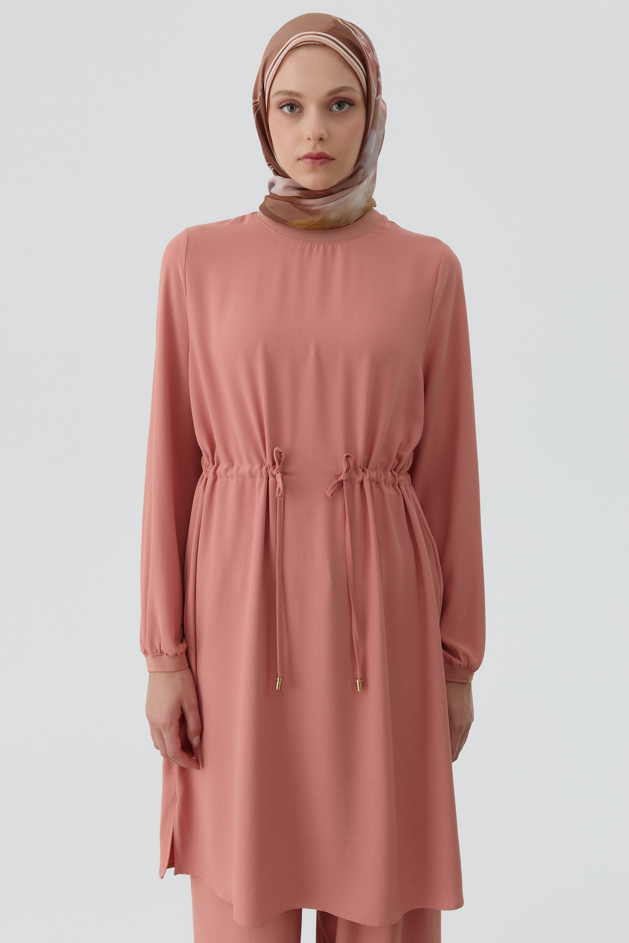 Beli Bağcık Detaylı Ribanalı Tunik - Somon TUGBA