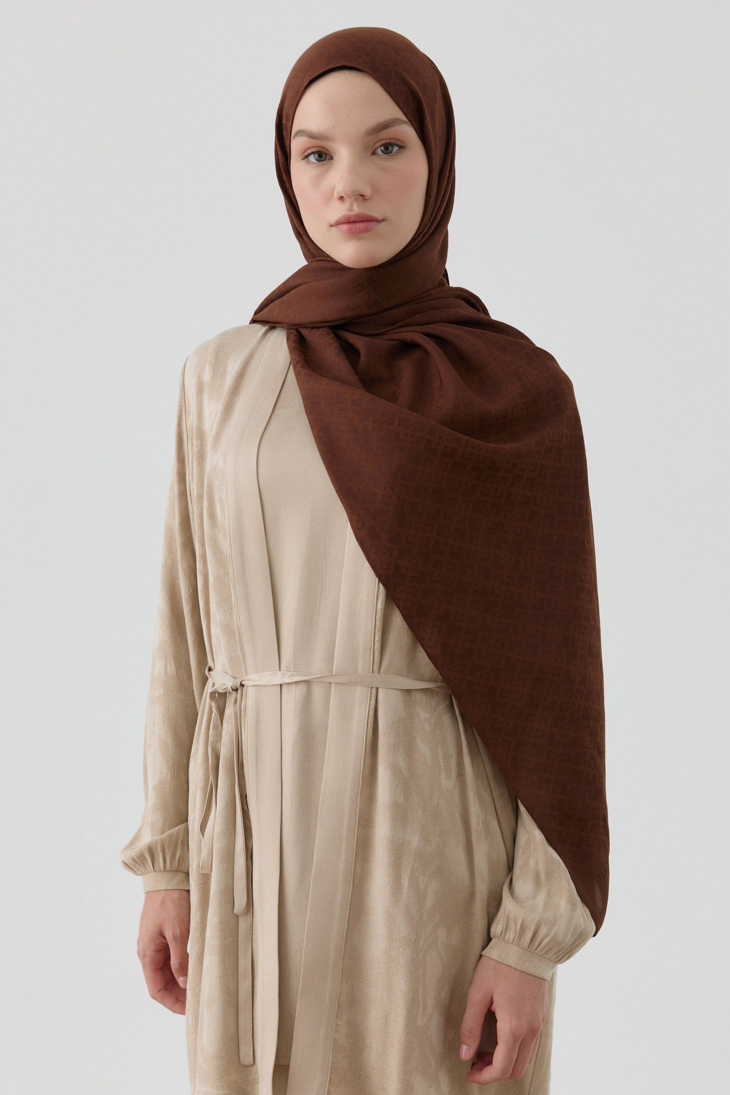 Geometrik Desen Pamuk Şal - Kahve TUGBA