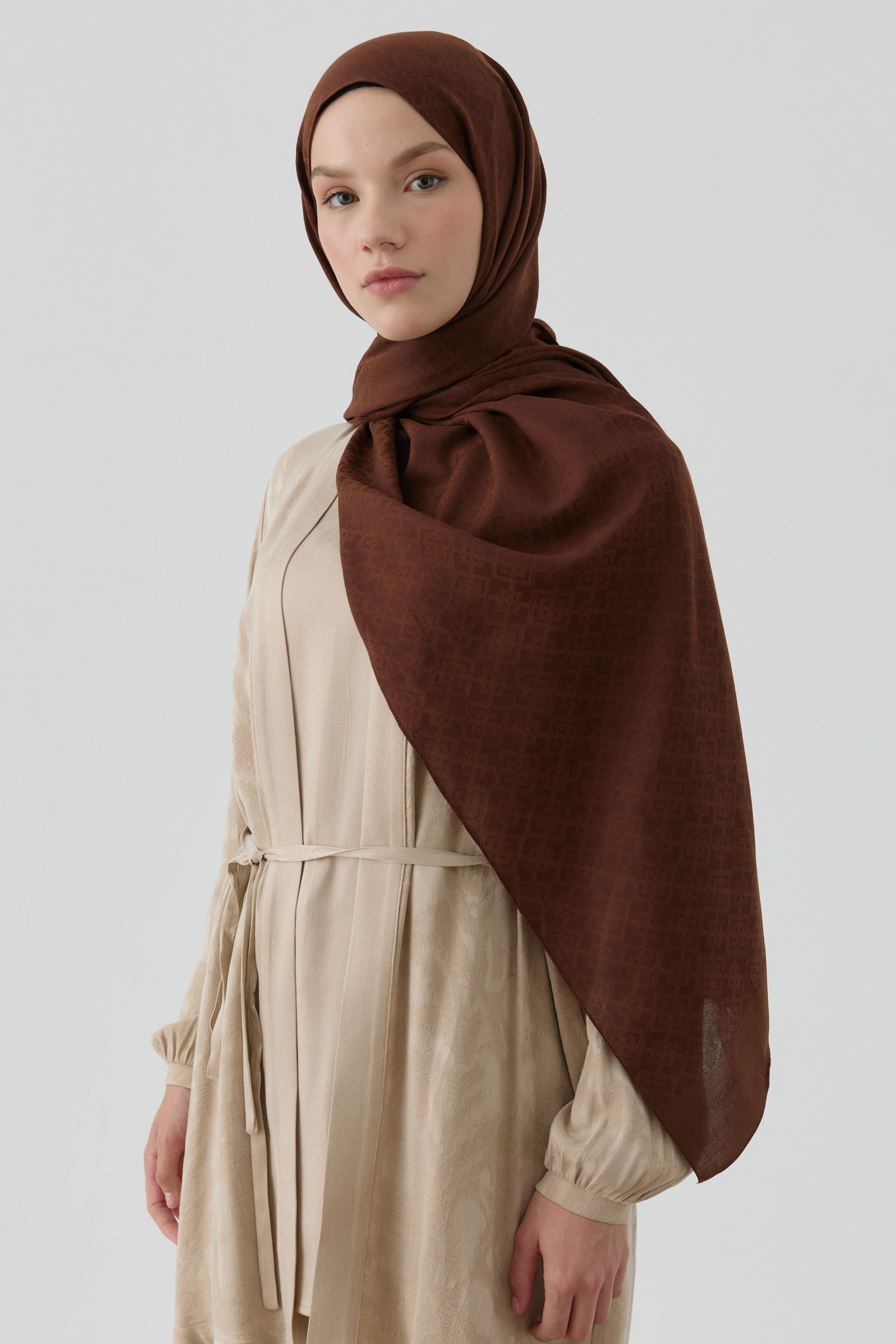 Geometrik Desen Pamuk Şal - Kahve TUGBA