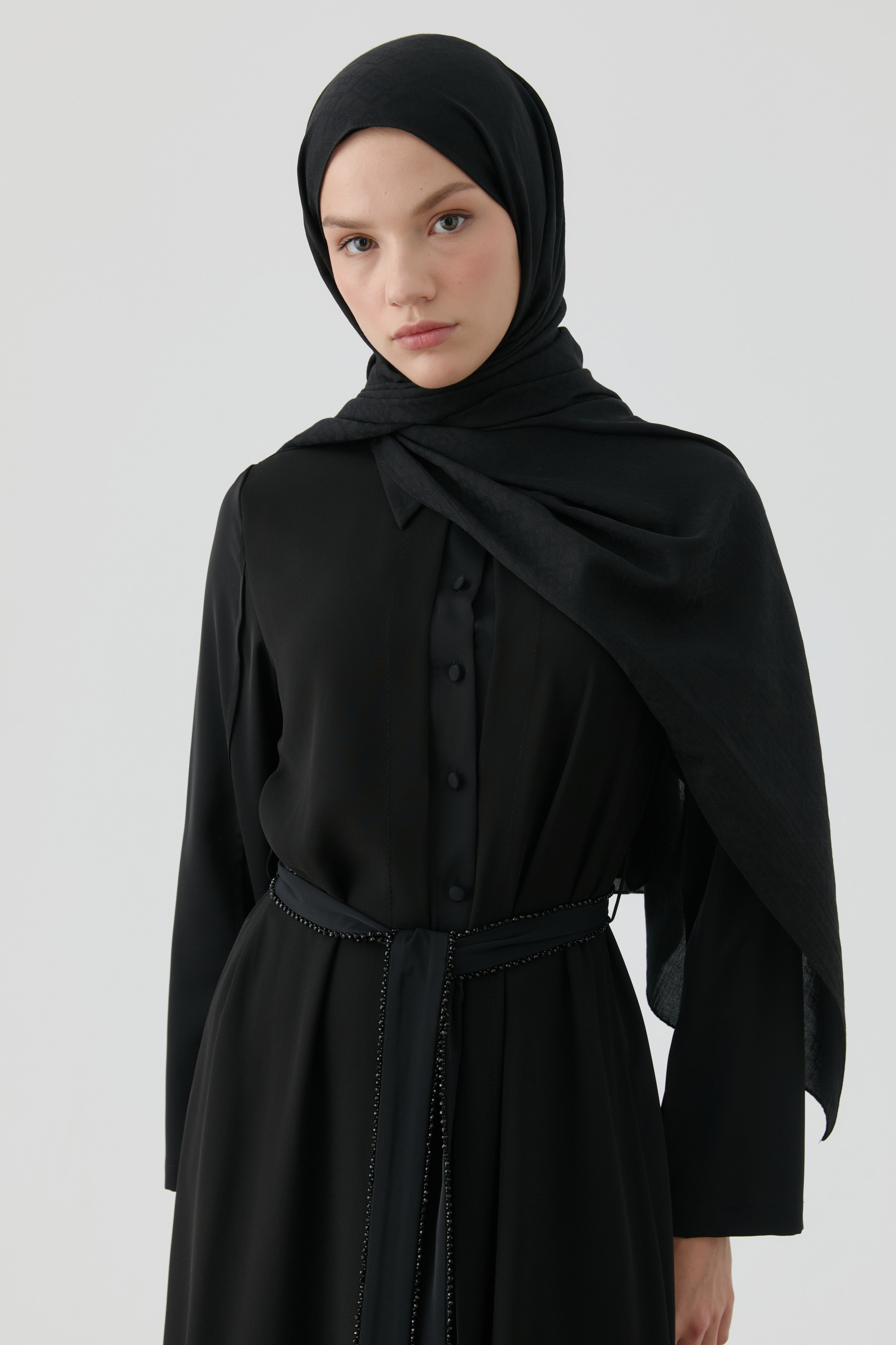 Geometrik Desen Pamuk Şal - Siyah TUGBA