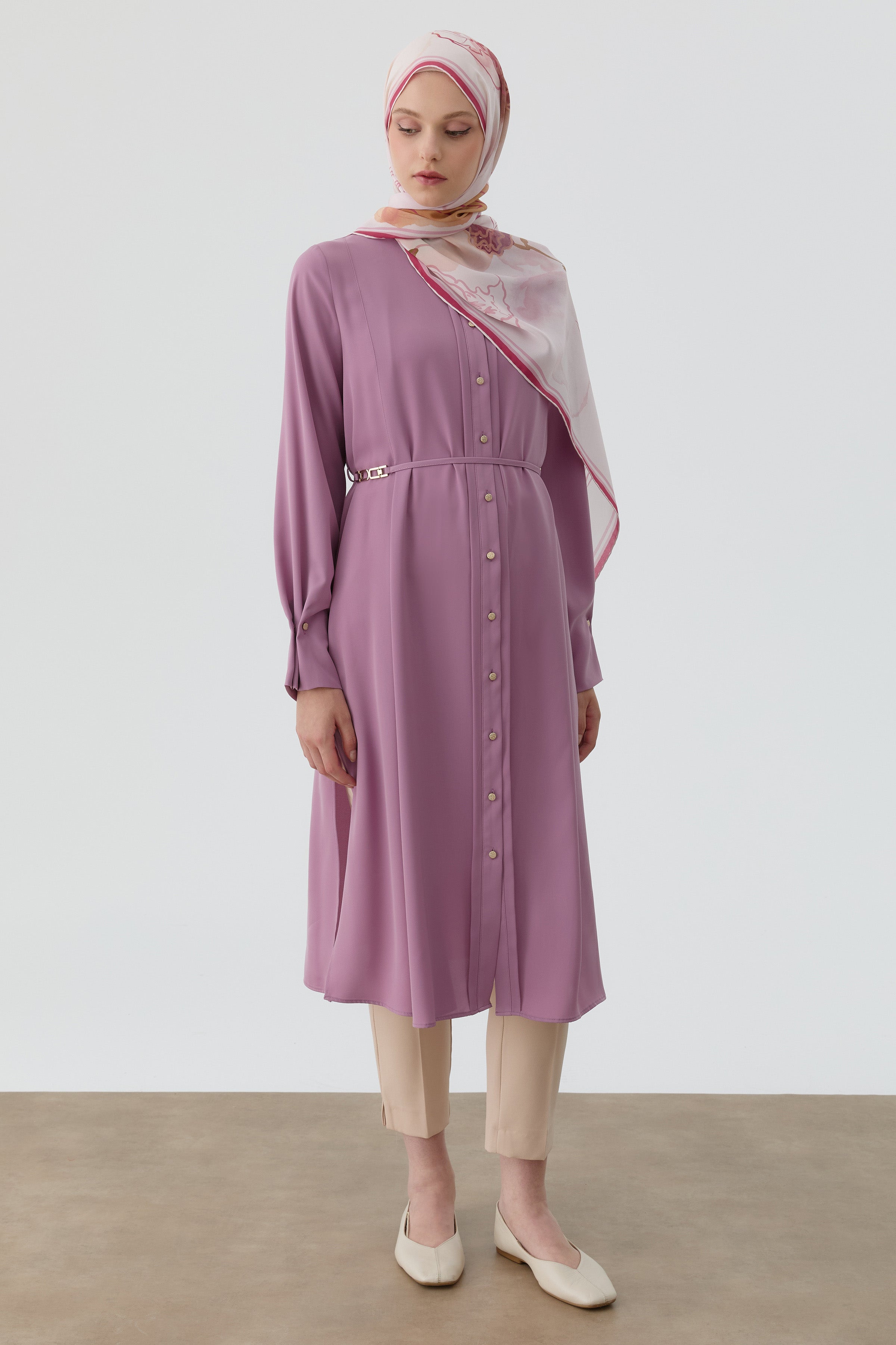 Bileği Pile Düğme Detaylı Tunik - Lila TUGBA