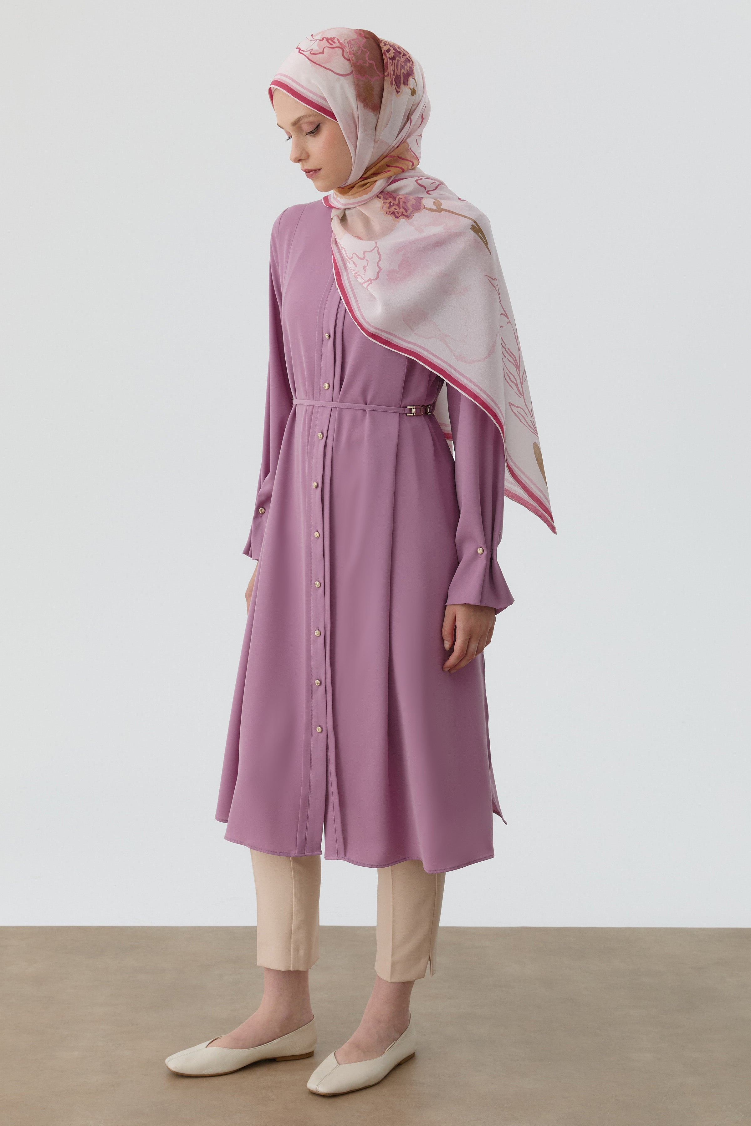 Bileği Pile Düğme Detaylı Tunik - Lila TUGBA