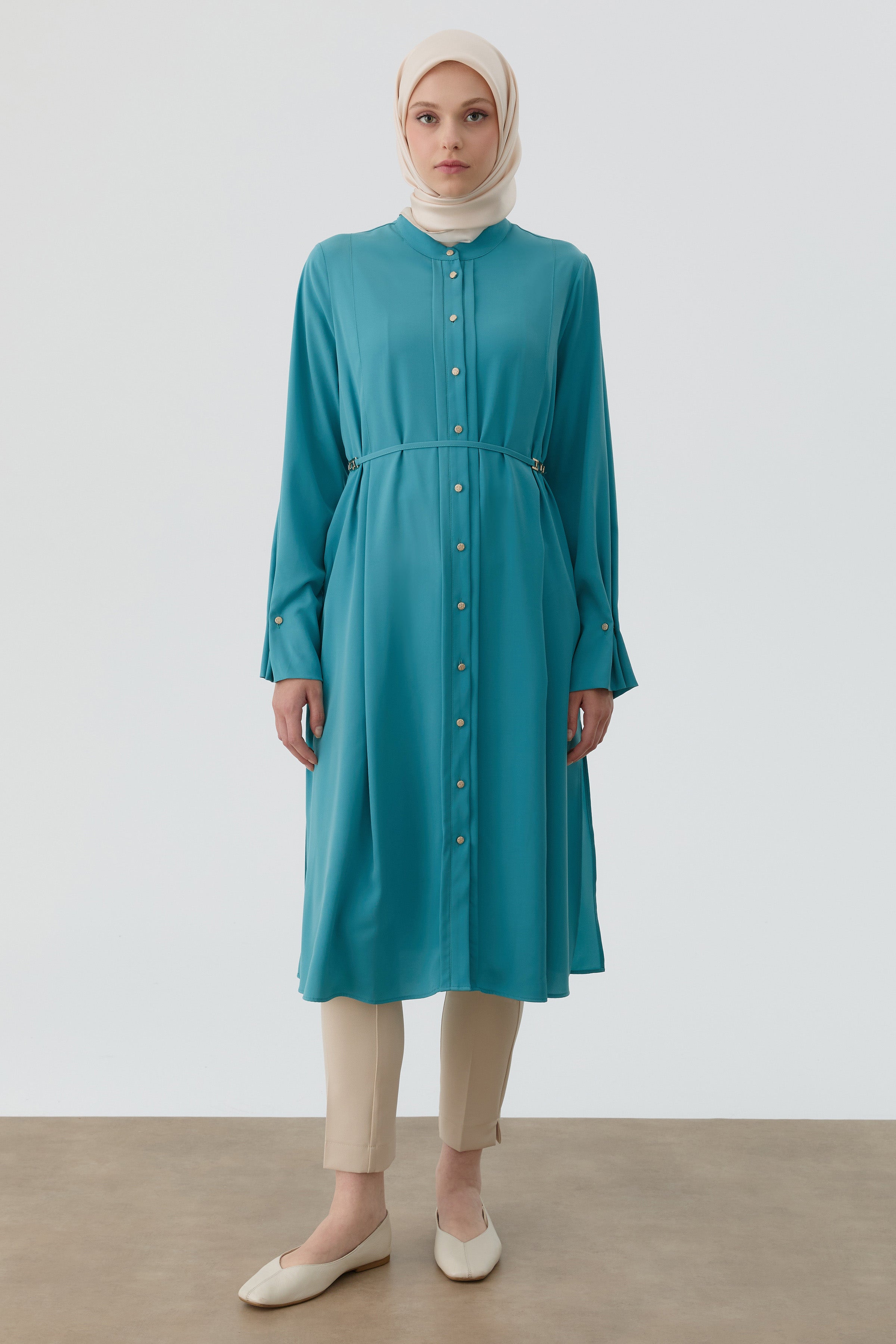 Bileği Pile Düğme Detaylı Tunik - Petrol TUGBA