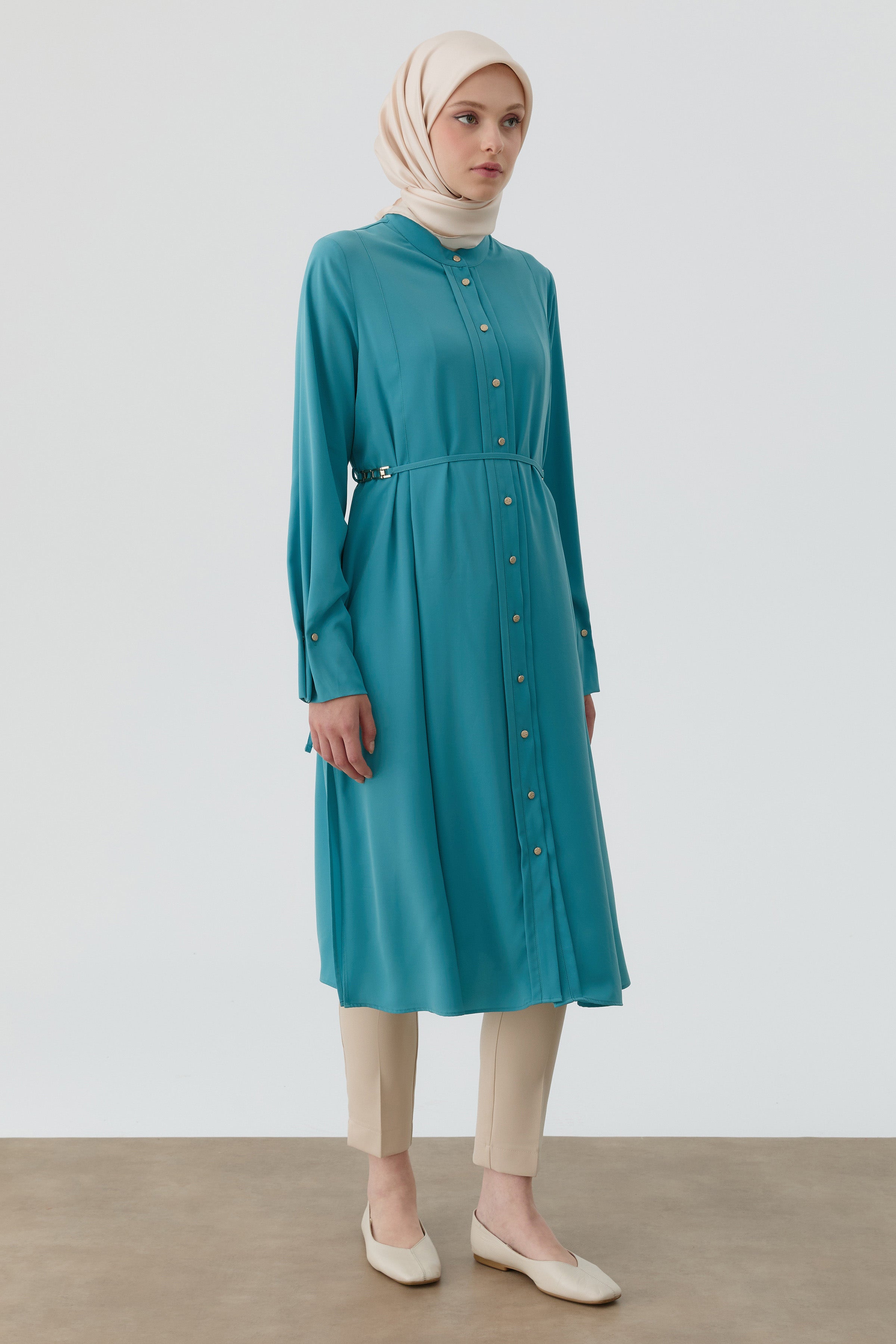 Bileği Pile Düğme Detaylı Tunik - Petrol TUGBA