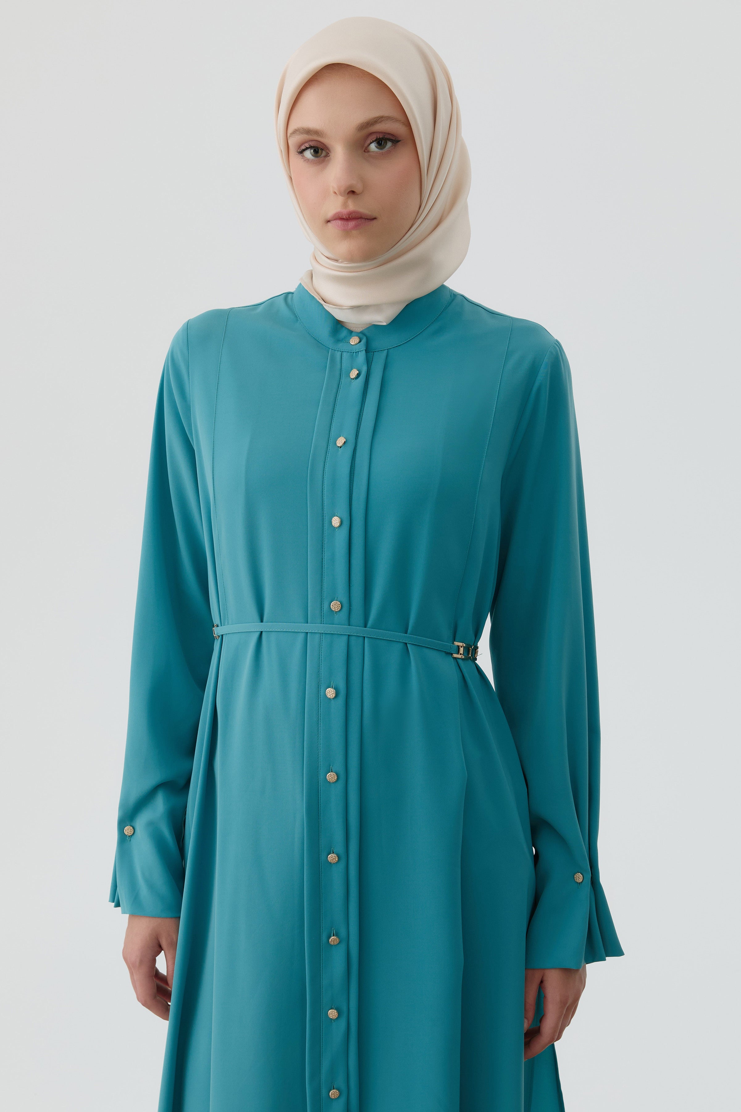 Bileği Pile Düğme Detaylı Tunik - Petrol TUGBA