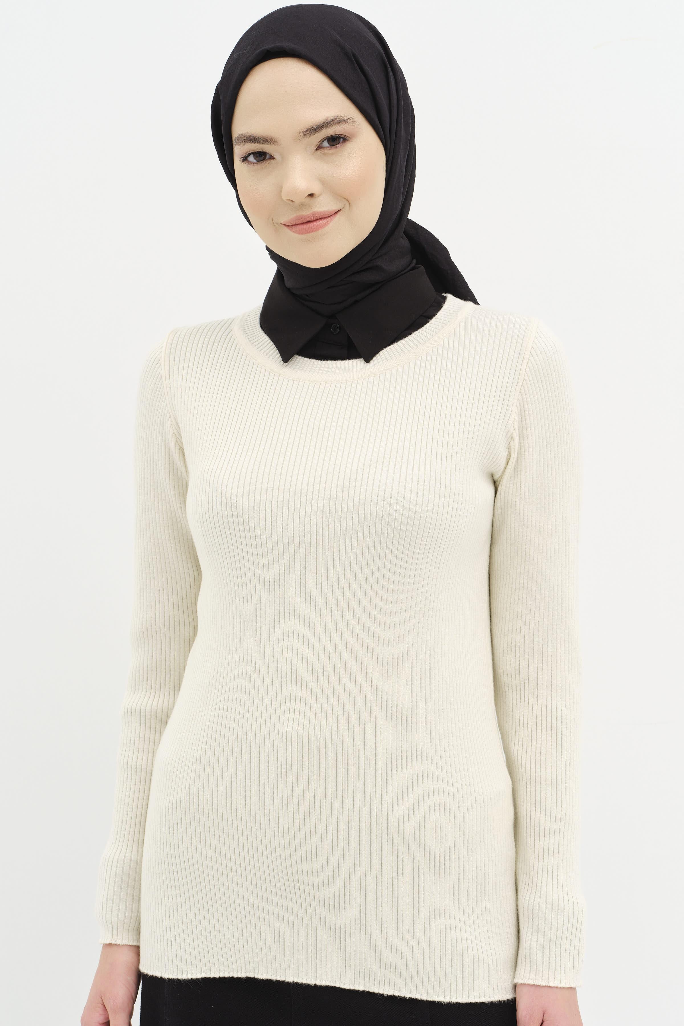 Bisiklet Yaka Fitilli Triko Kazak - Kemik TUGBA