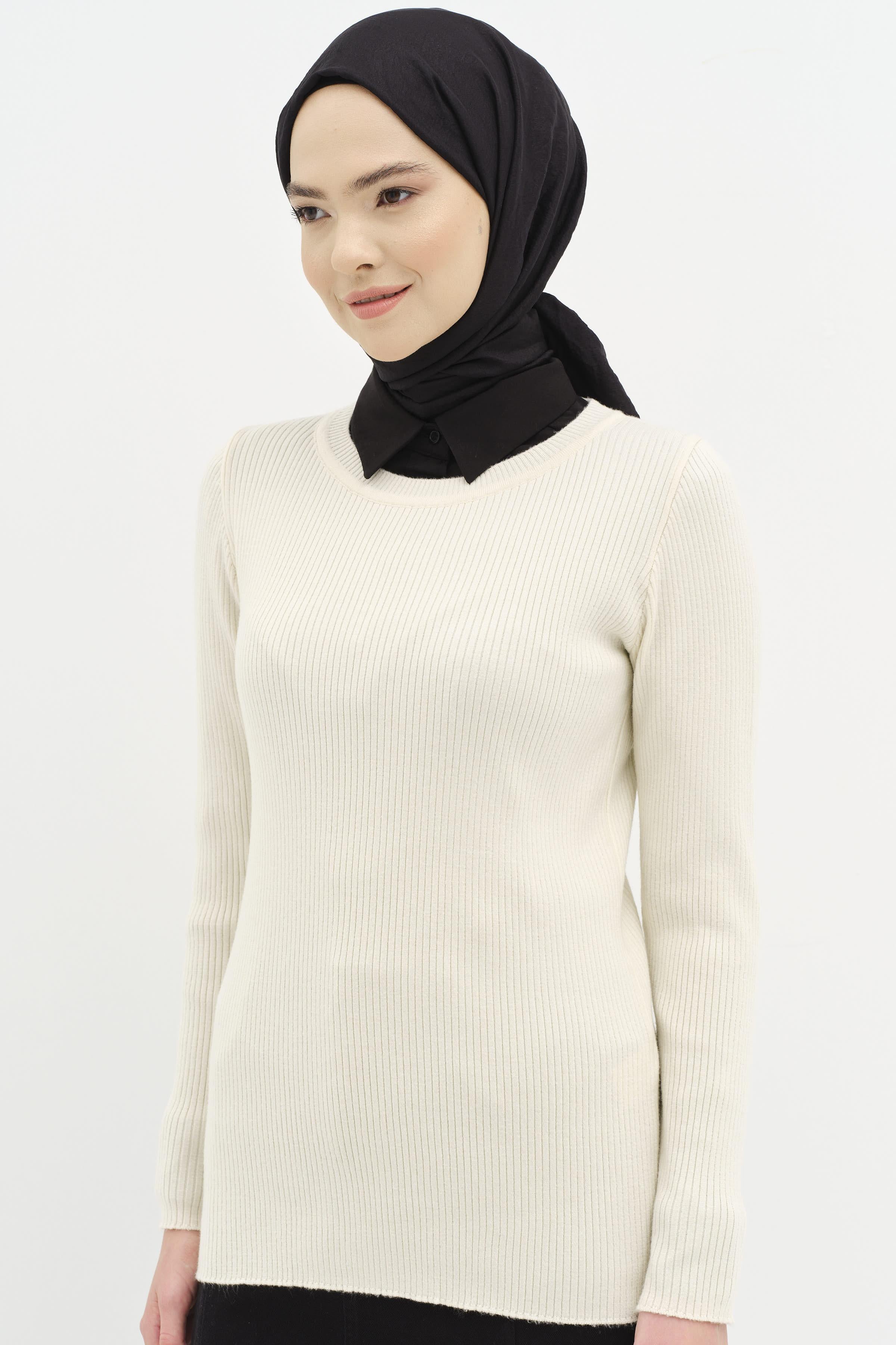 Bisiklet Yaka Fitilli Triko Kazak - Kemik TUGBA