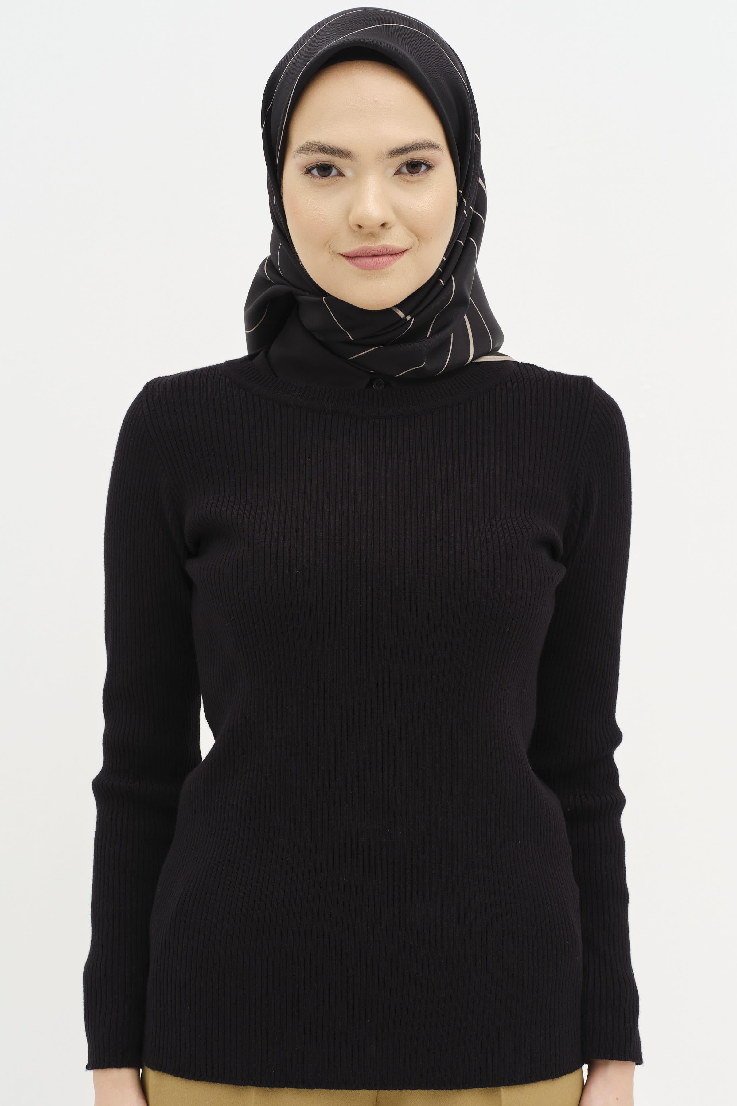 Bisiklet Yaka Fitilli Triko Kazak - Siyah TUGBA