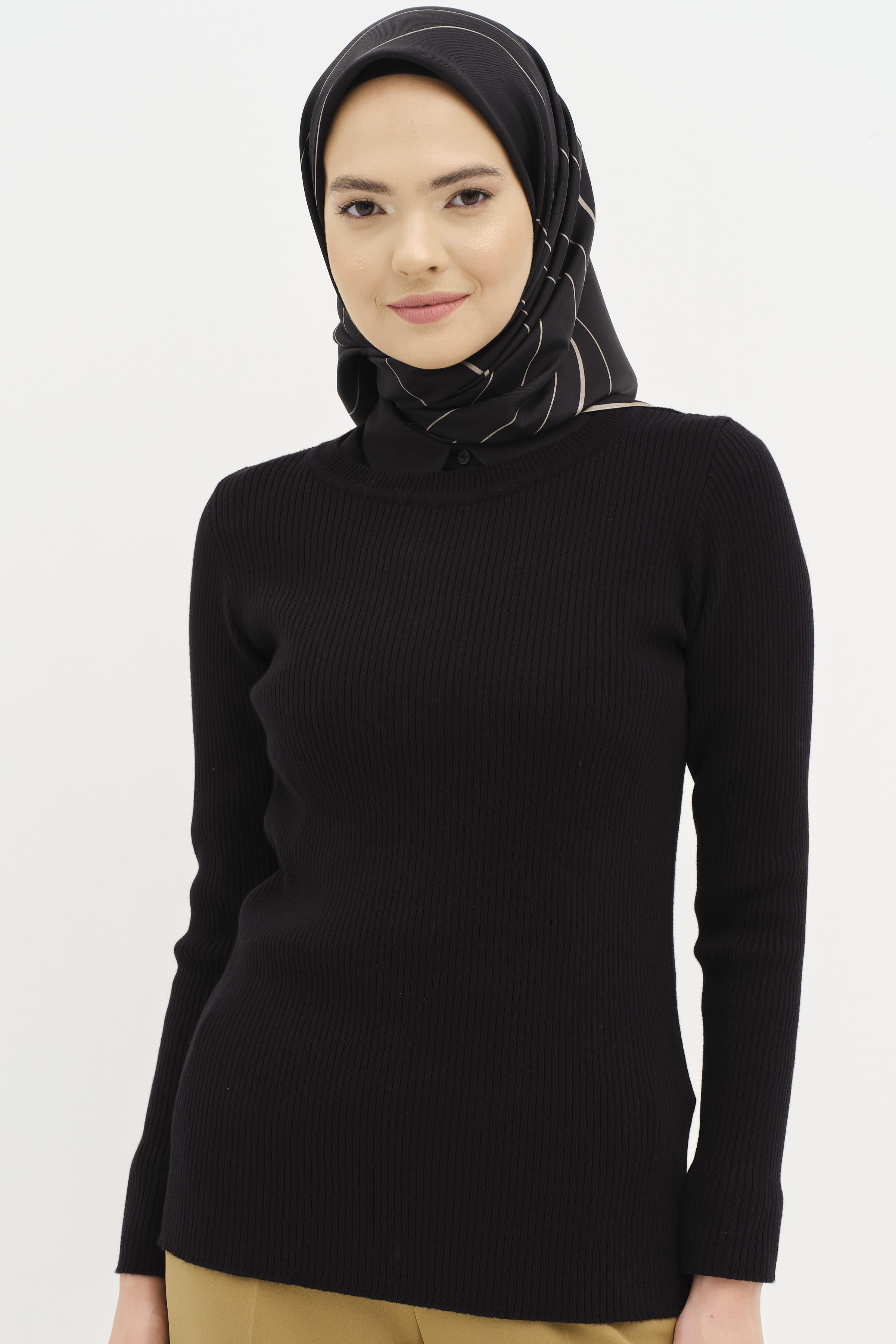 Bisiklet Yaka Fitilli Triko Kazak - Siyah TUGBA