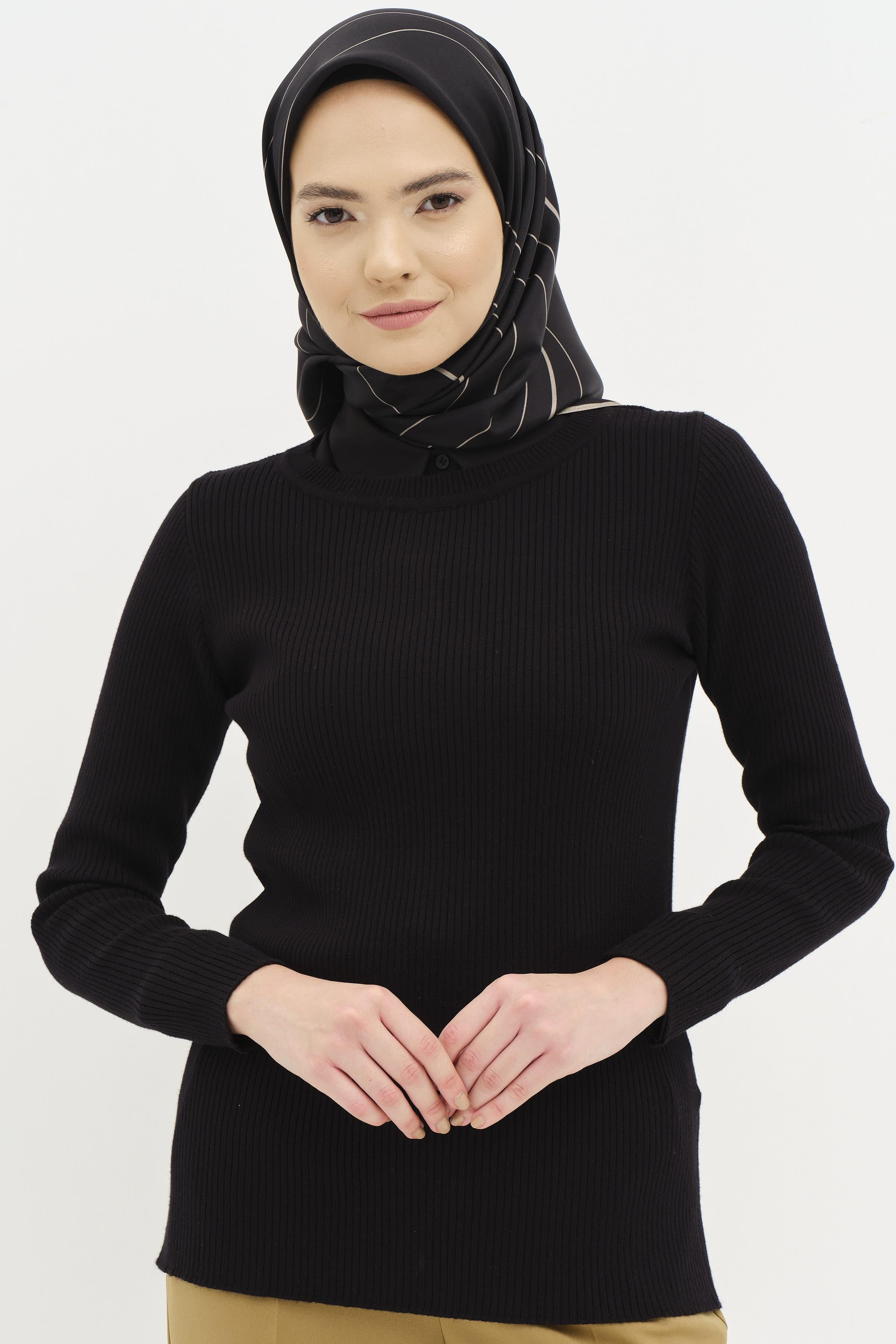 Bisiklet Yaka Fitilli Triko Kazak - Siyah TUGBA