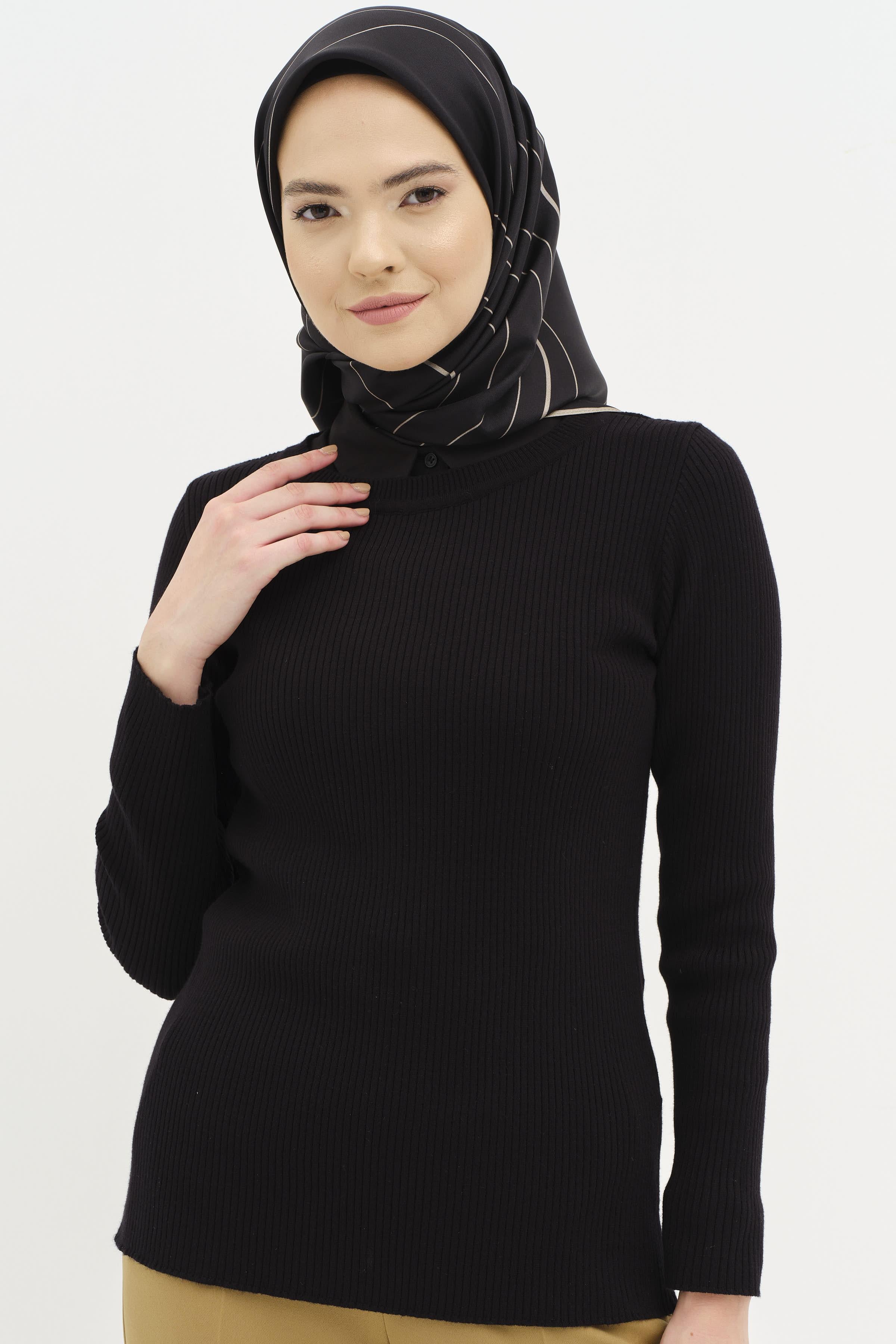 Bisiklet Yaka Fitilli Triko Kazak - Siyah TUGBA