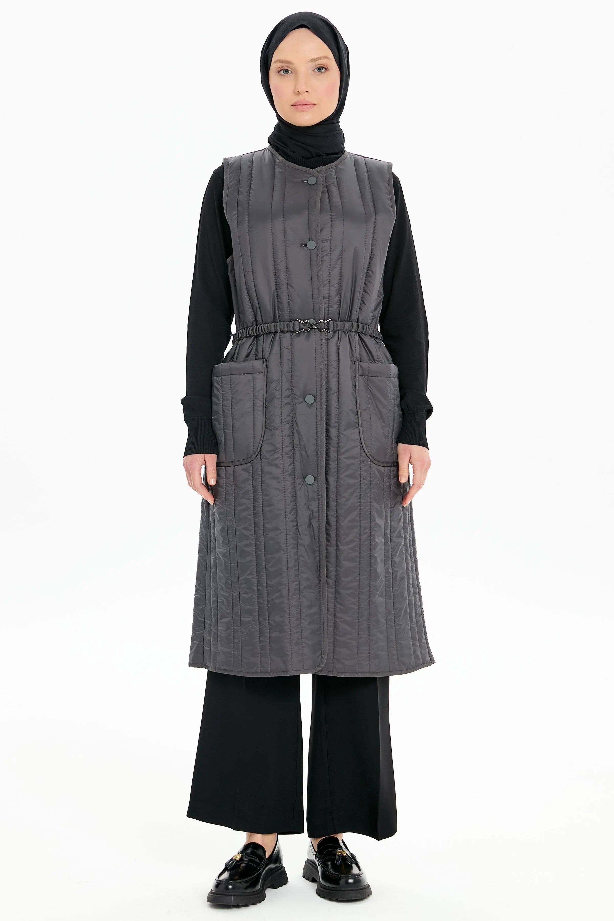 Biye Detaylı Kapitone Yelek - Füme TUGBA