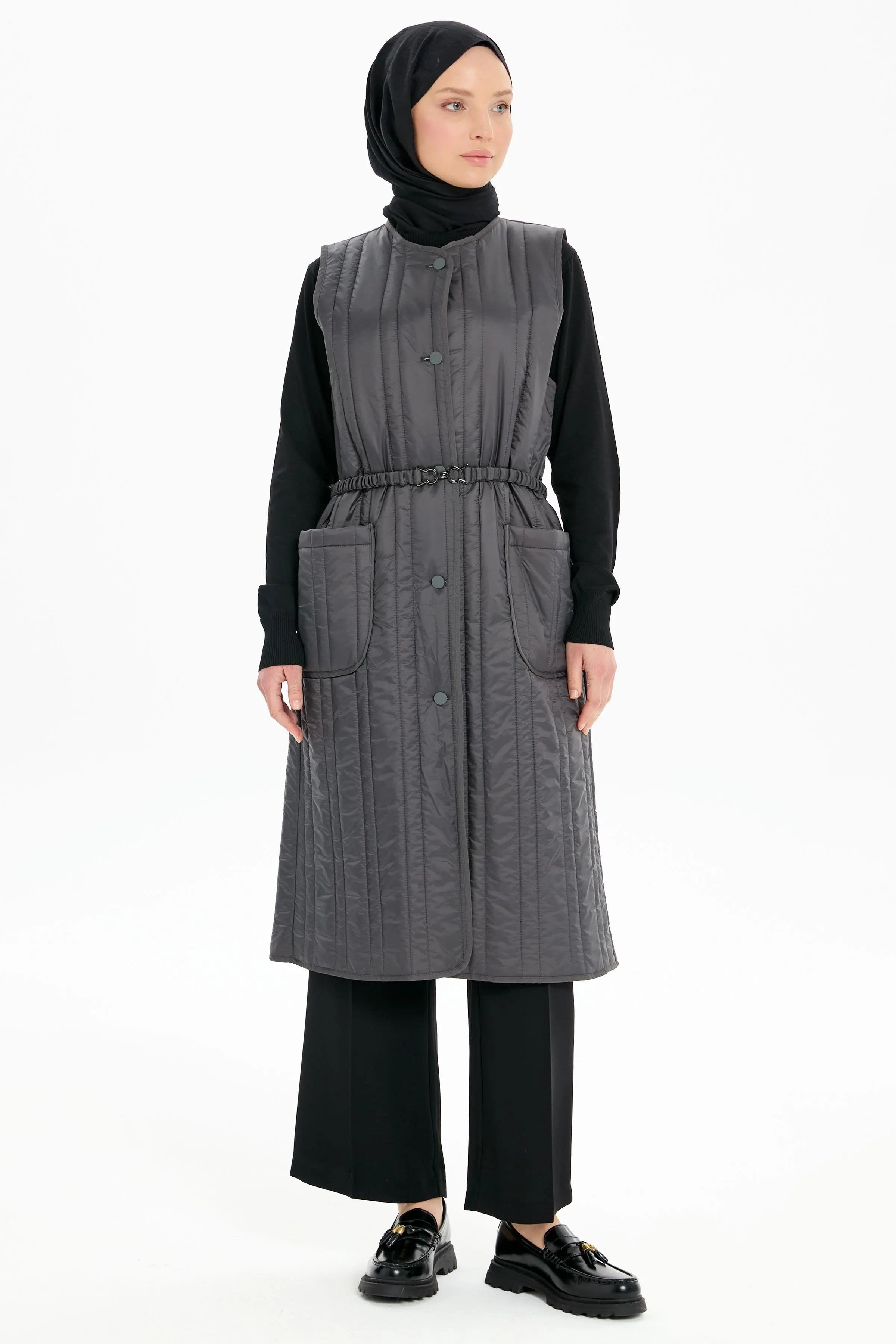 Biye Detaylı Kapitone Yelek - Füme TUGBA