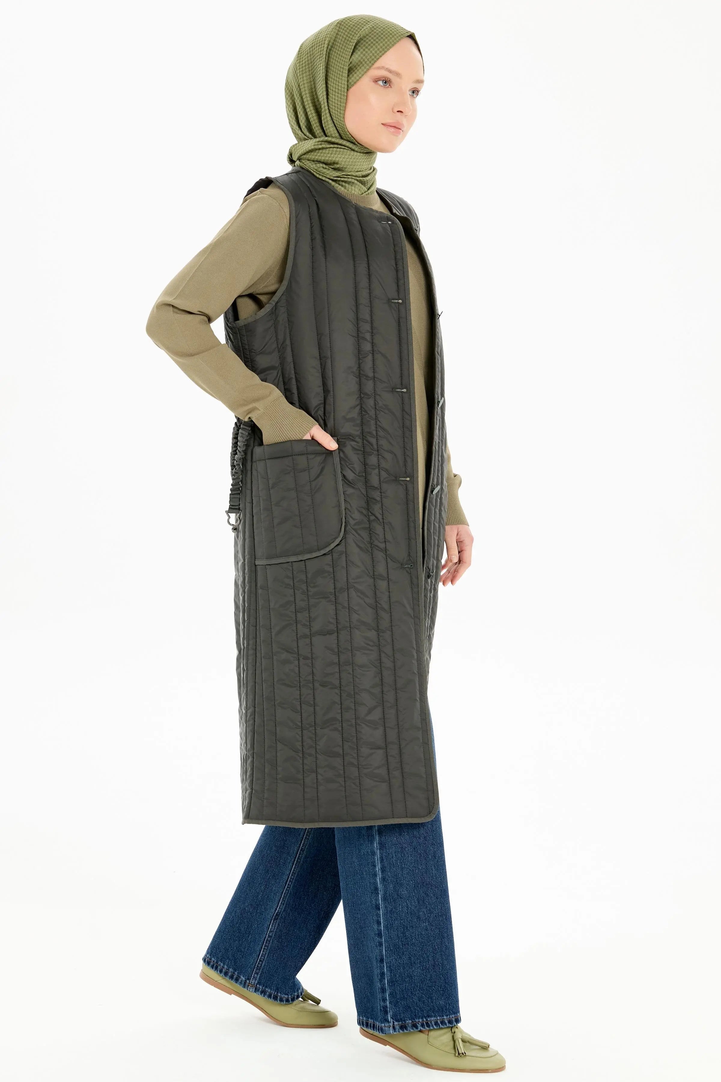 Biye Detaylı Kapitone Yelek - Haki TUGBA