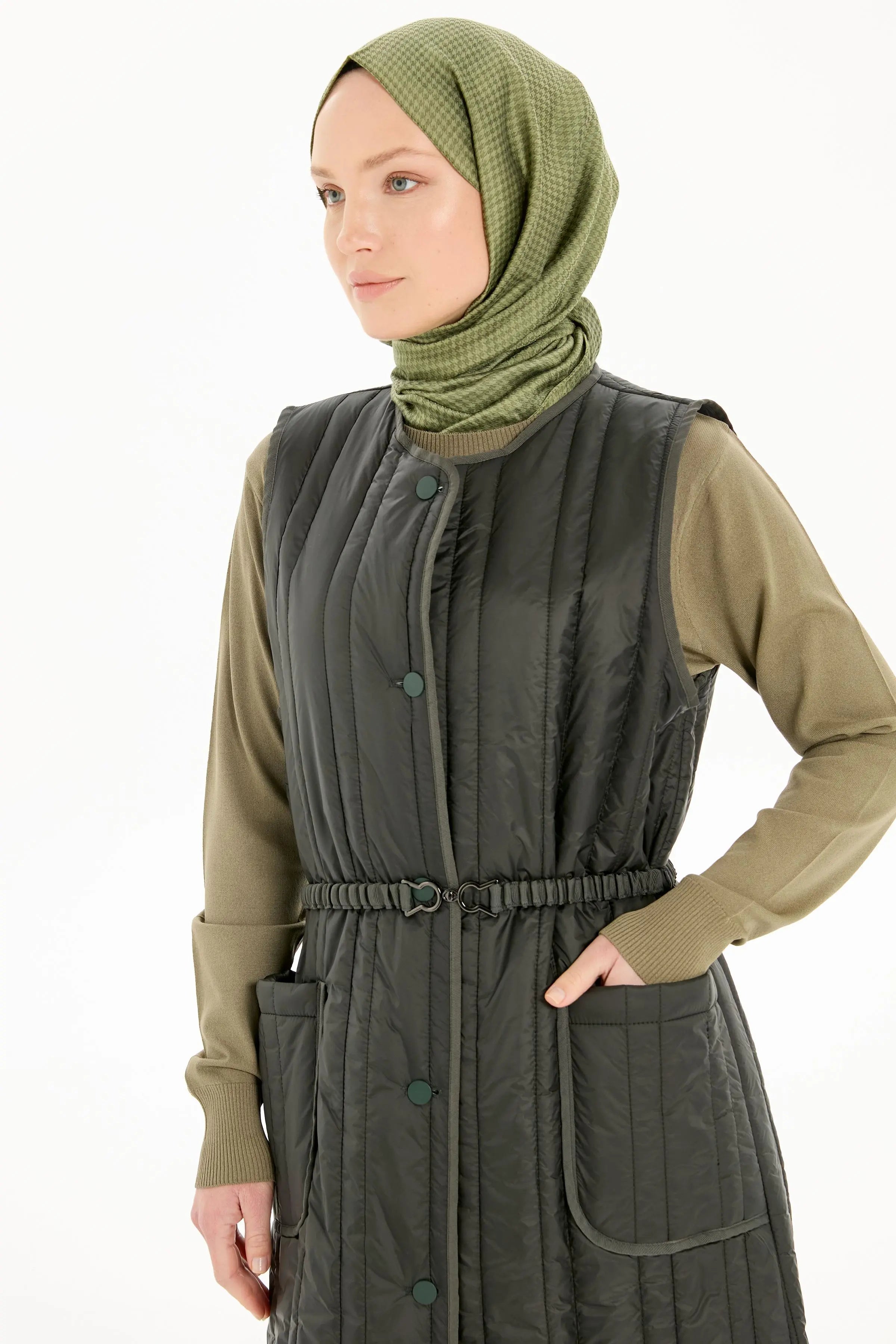 Biye Detaylı Kapitone Yelek - Haki TUGBA
