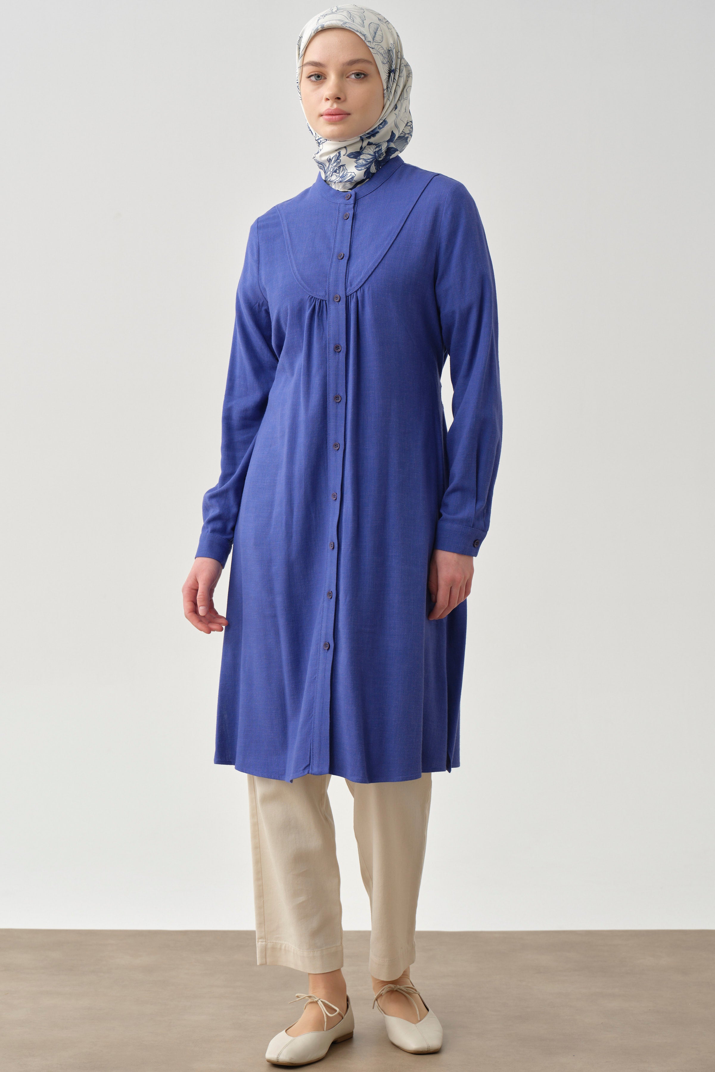 Biye Detaylı Robalı Tunik - Saks TUGBA