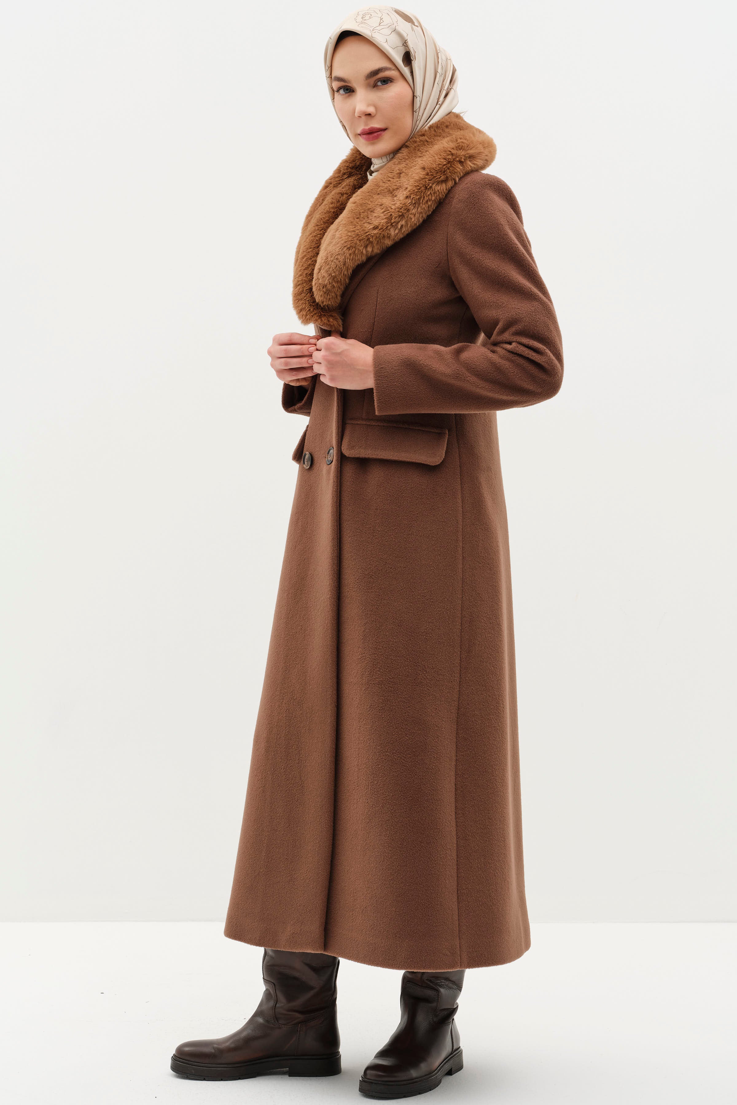 Blazer Kürk Yakalı Manto - Kahve TUGBA