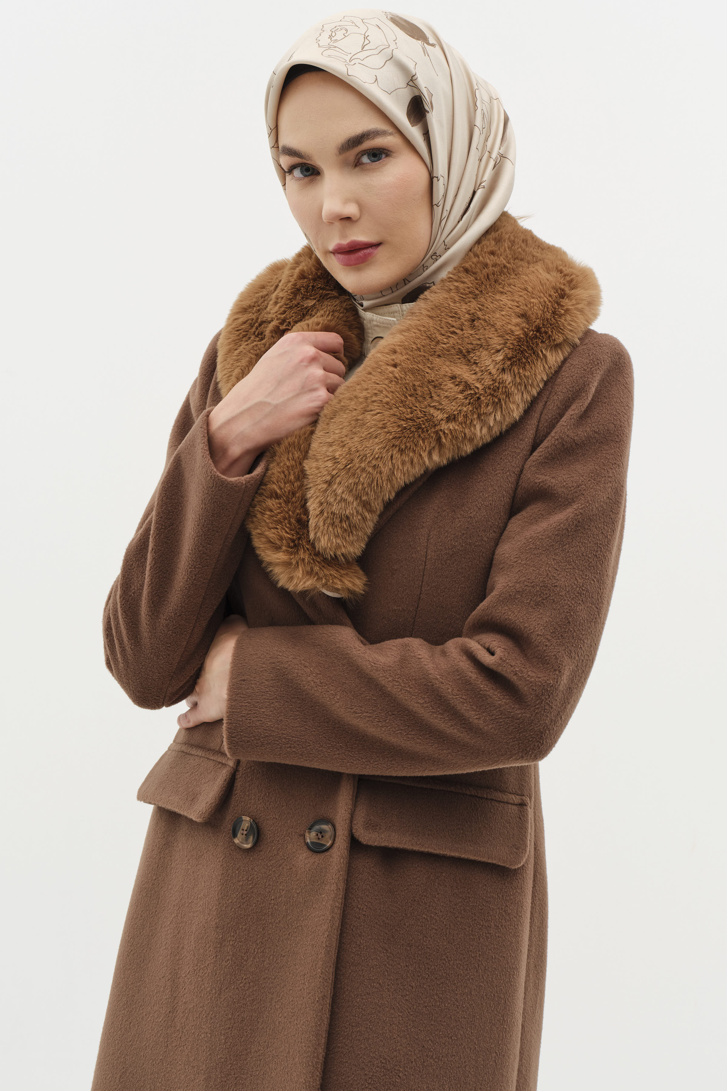 Blazer Kürk Yakalı Manto - Kahve TUGBA