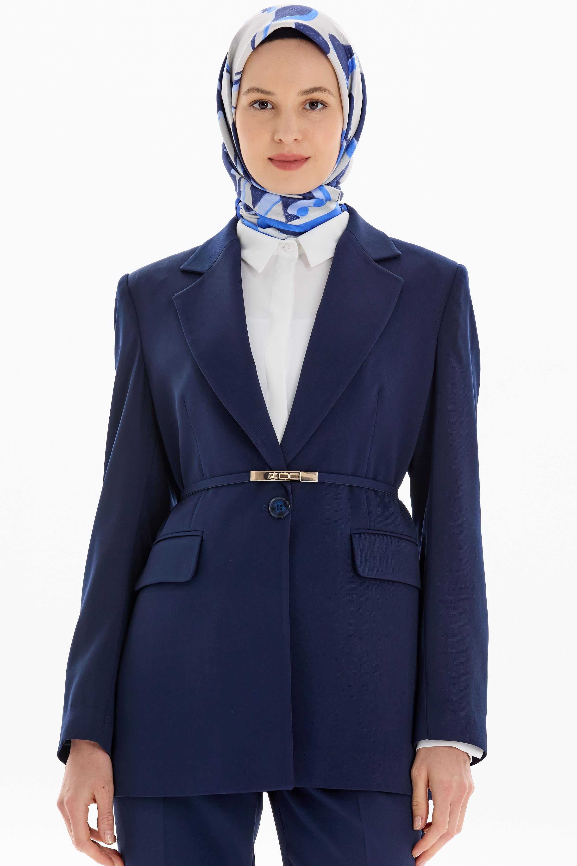 Blazer Yaka Yırtmaçlı Ceket - Lacivert TUGBA