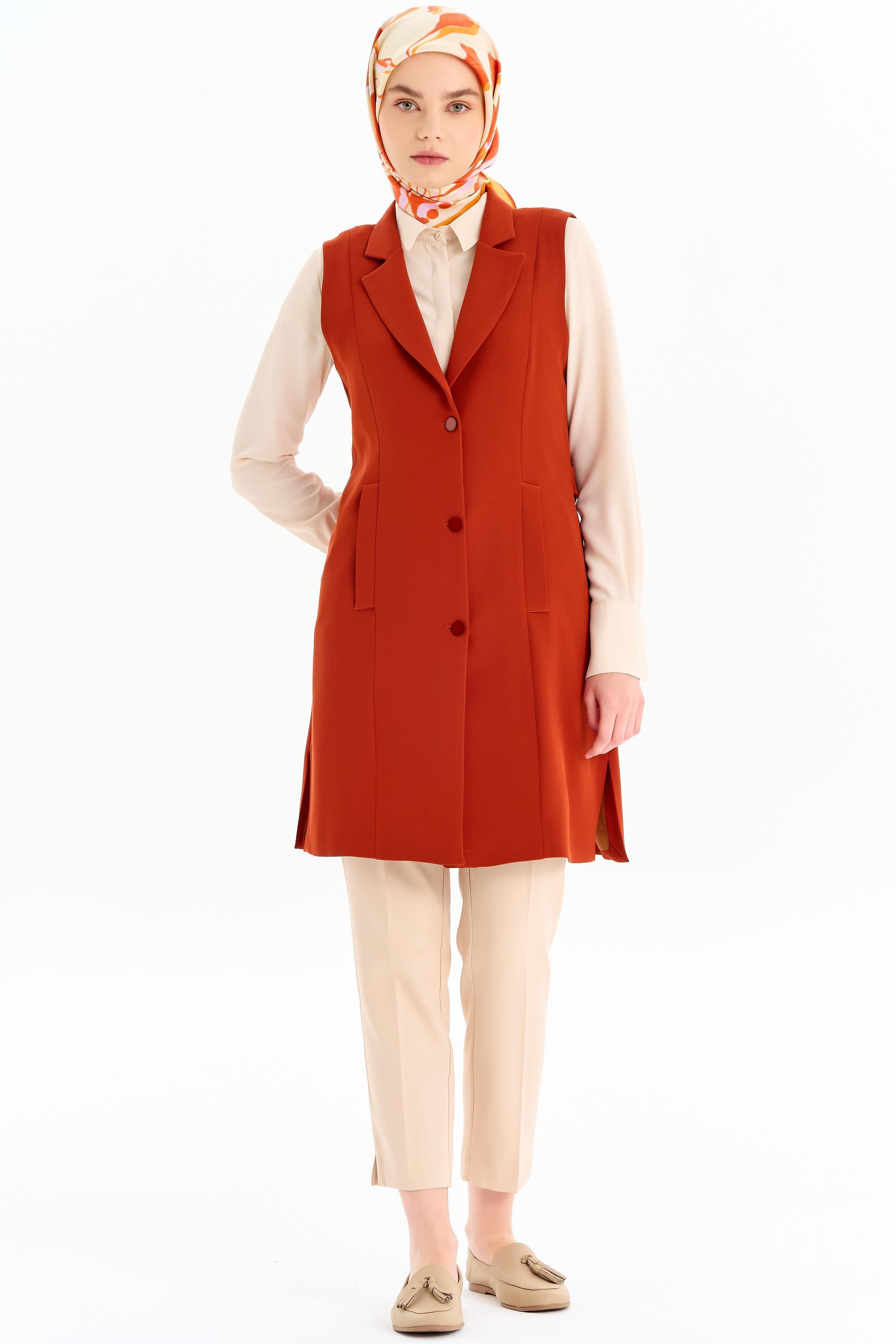 Blazer Yaka Yırtmaçlı Yelek - Kiremit TUGBA